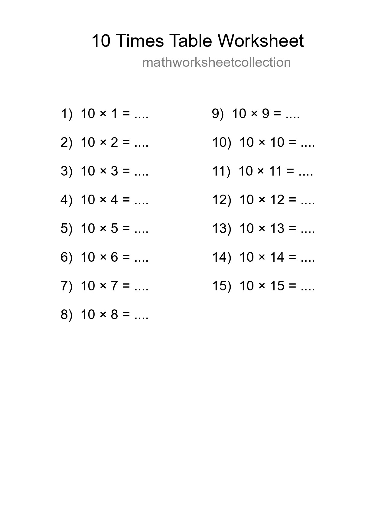 10 Times Table Worksheet For Grade 3 With Answers - Part 159