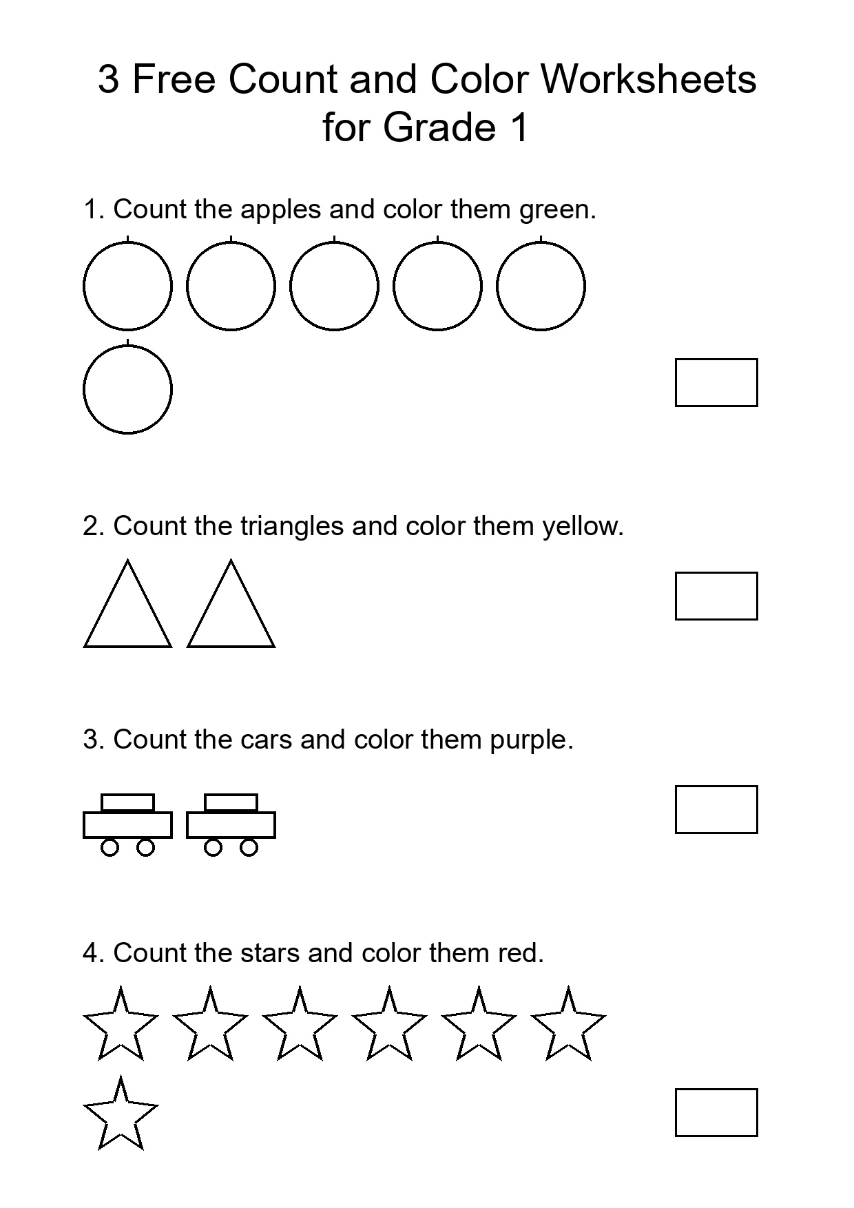 3 Free Count and Color Worksheets for Grade 1