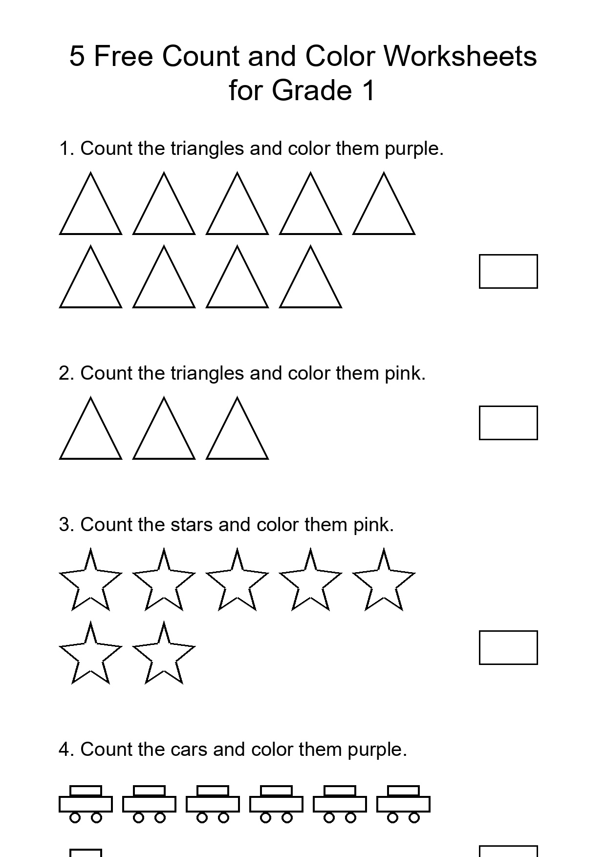 5 Free Count and Color Worksheets for Grade 1