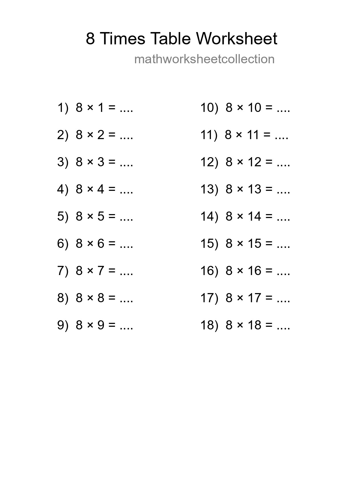 8 Times Table Worksheet For Grade 3 - Part 259
