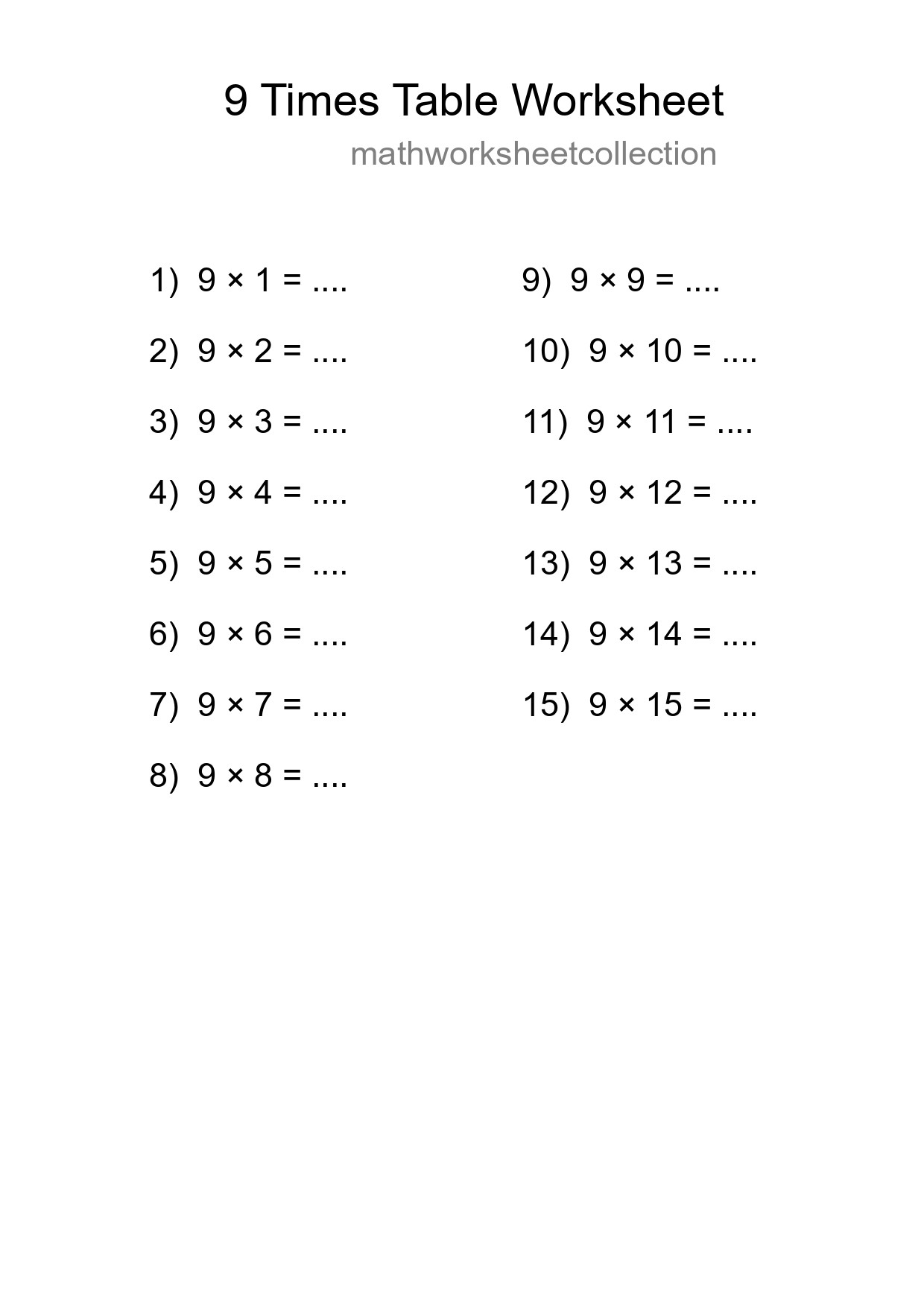 9 Times Table Worksheet For Grade 3 With Answers - Part 19
