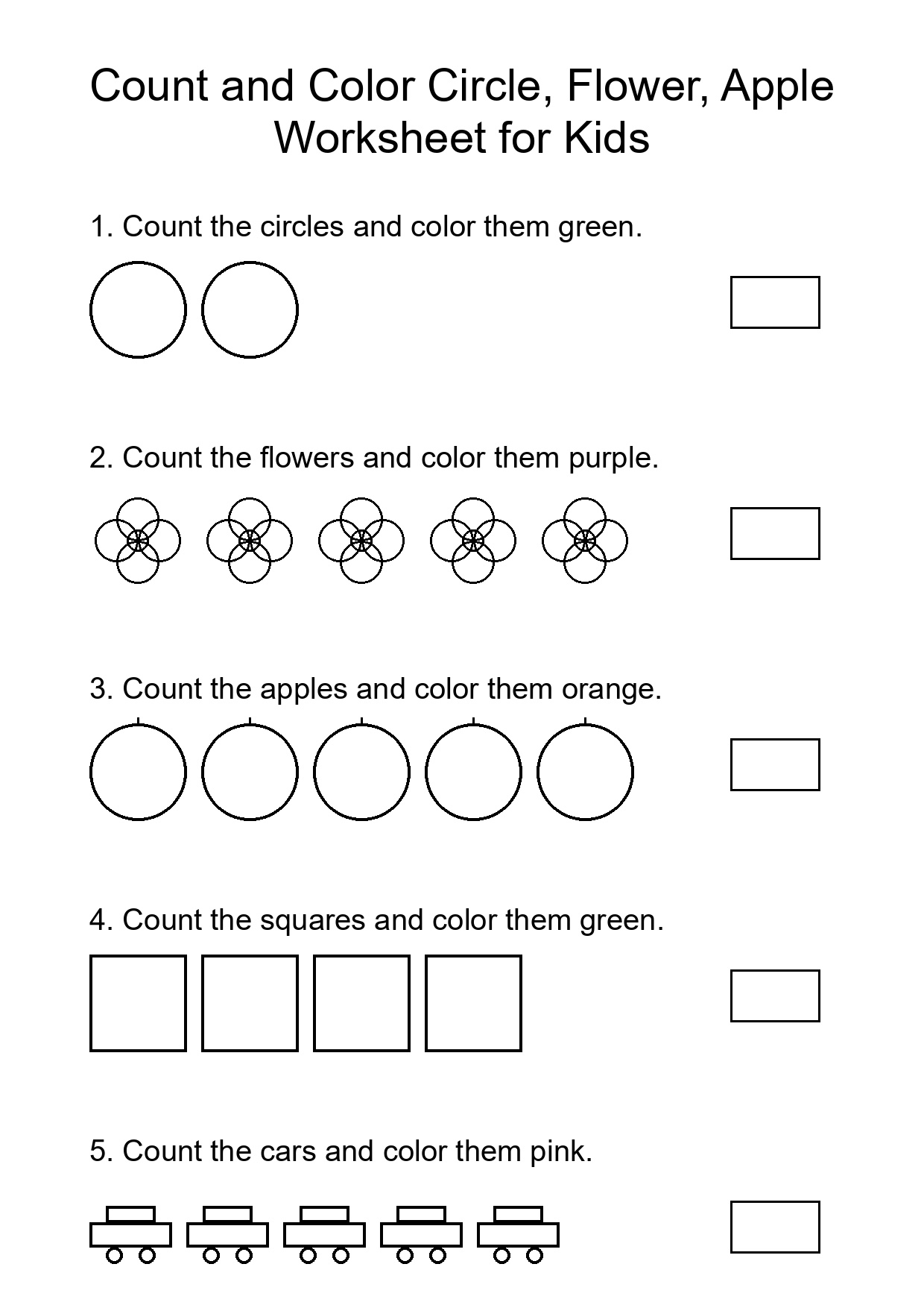 Count and Color Circle, Flower, Apple Worksheet for Kids