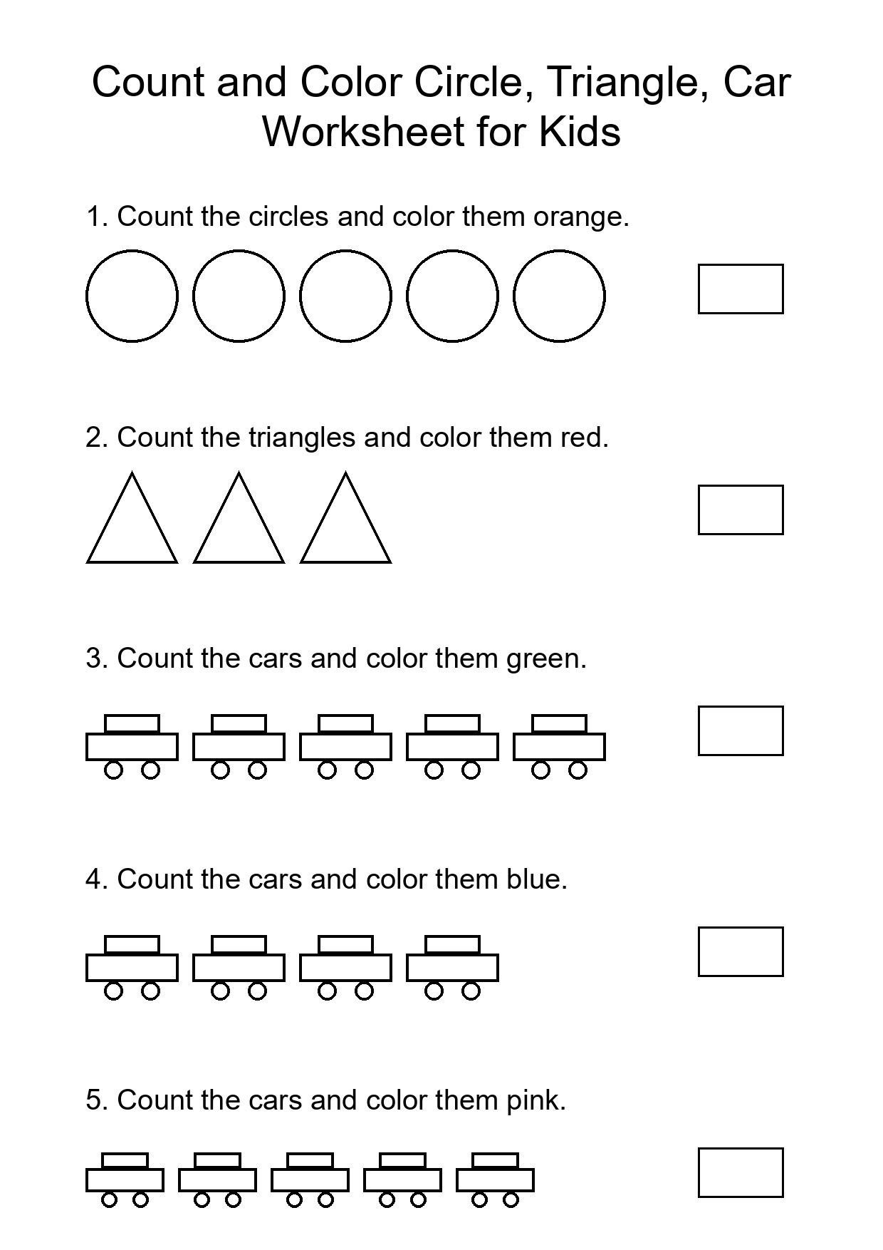 Count and Color Circle, Triangle, Car Worksheet for Kids