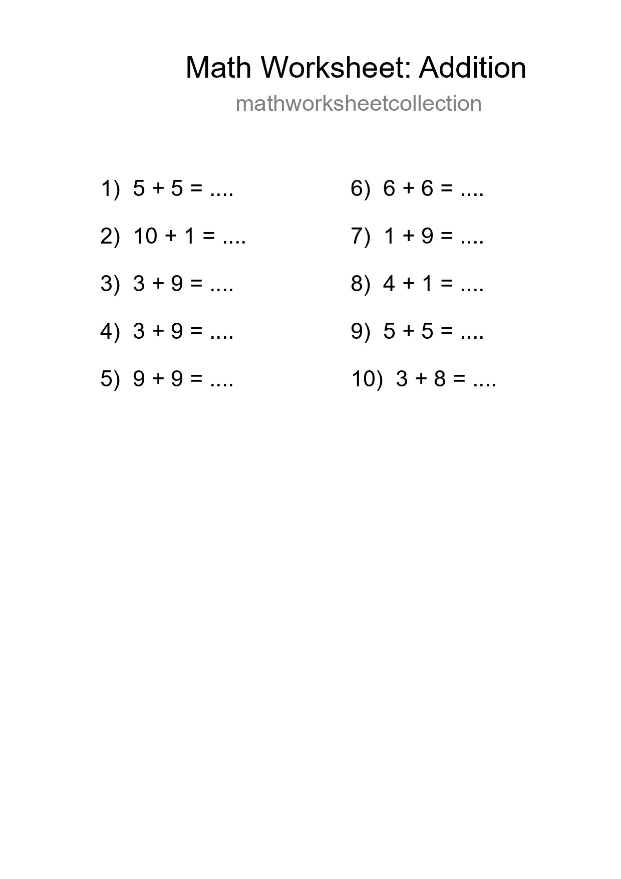 Free 10 Addition Math Worksheet For Grade 1 With Answers - Part 241