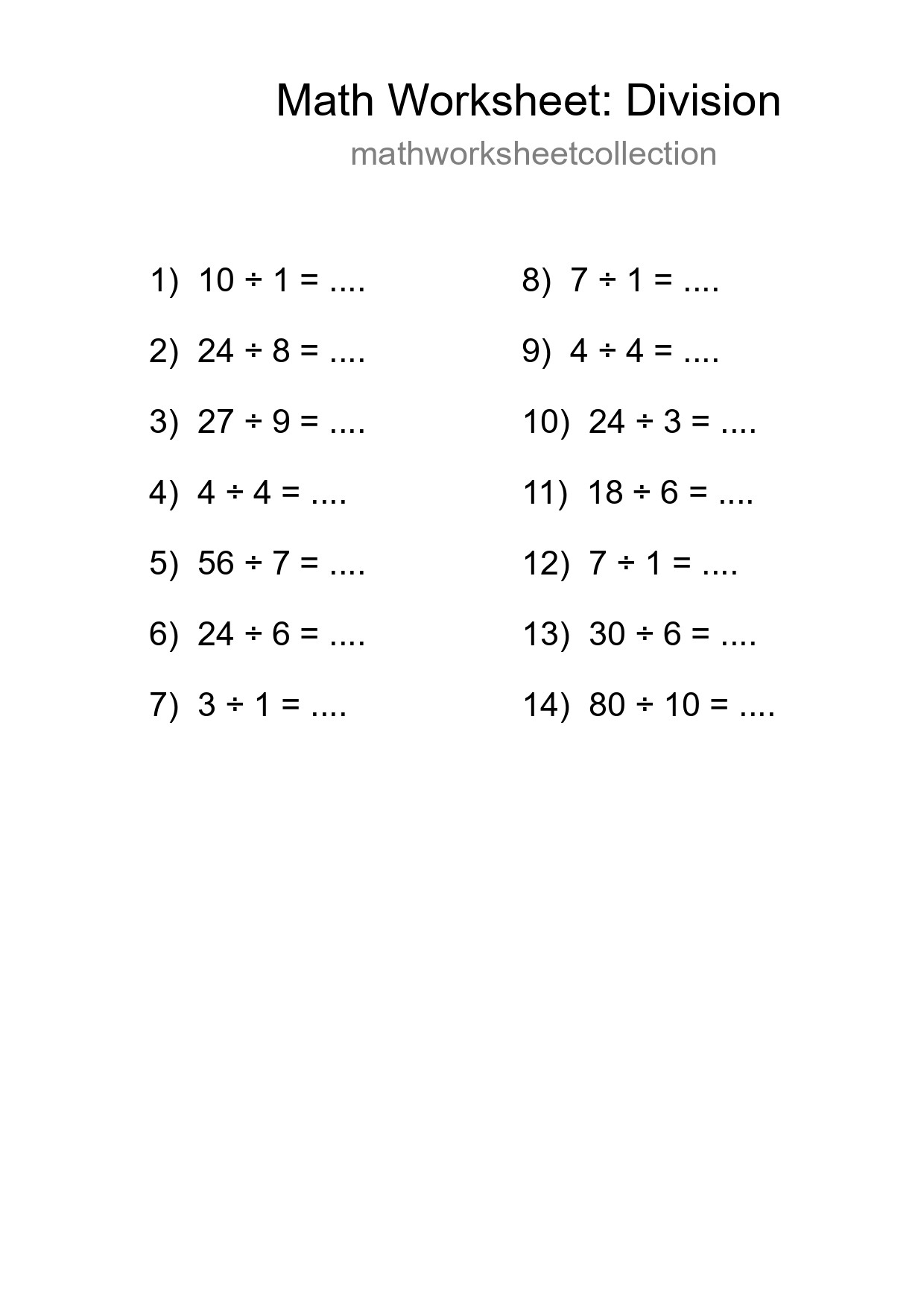 Free 14 Division Math Worksheet For Grade 1 With Answers - Part 144