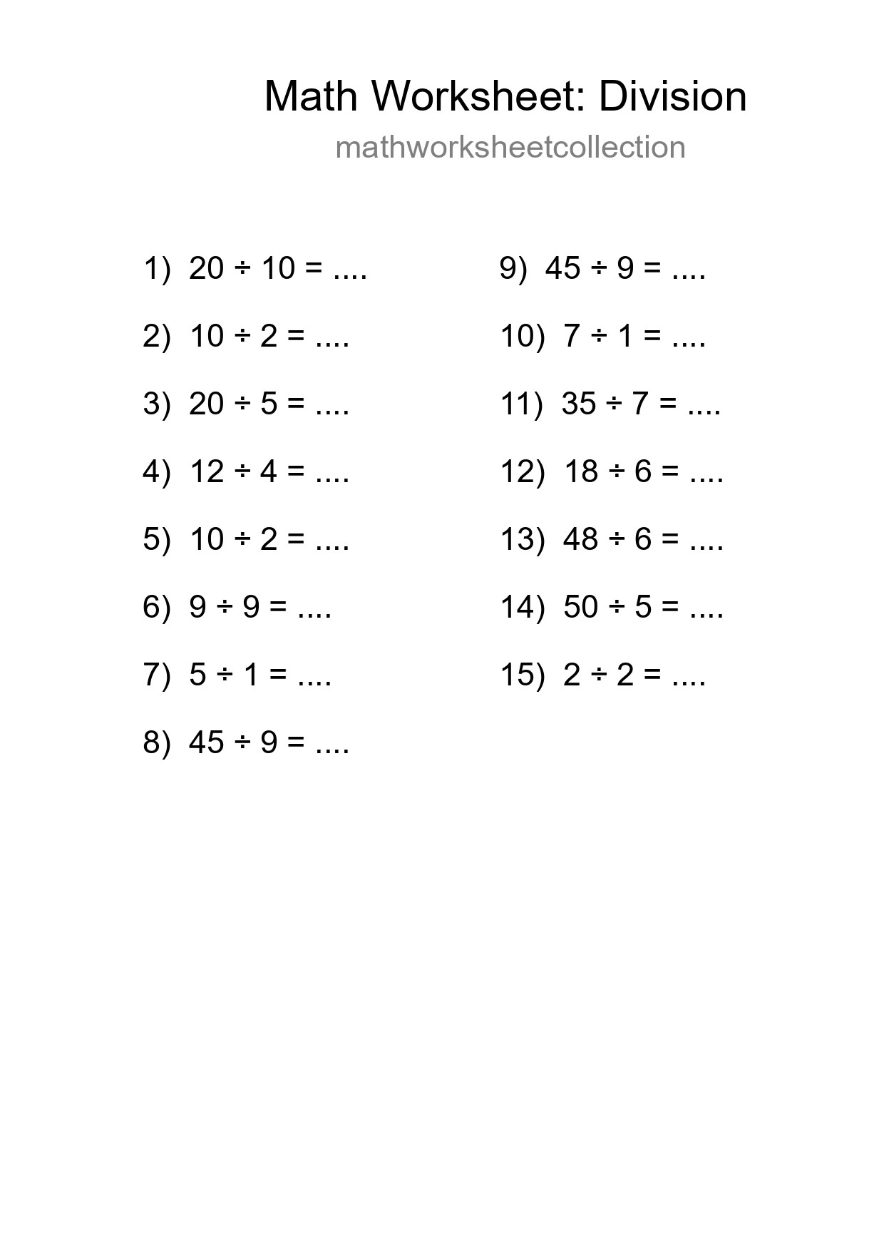 Free 15 Division Math Worksheet For Grade 1 With Answers - Part 24