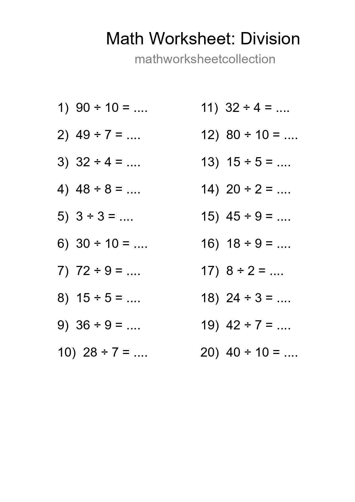 Free 20 Division Math Worksheet For Grade 1 With Answers - Part 104