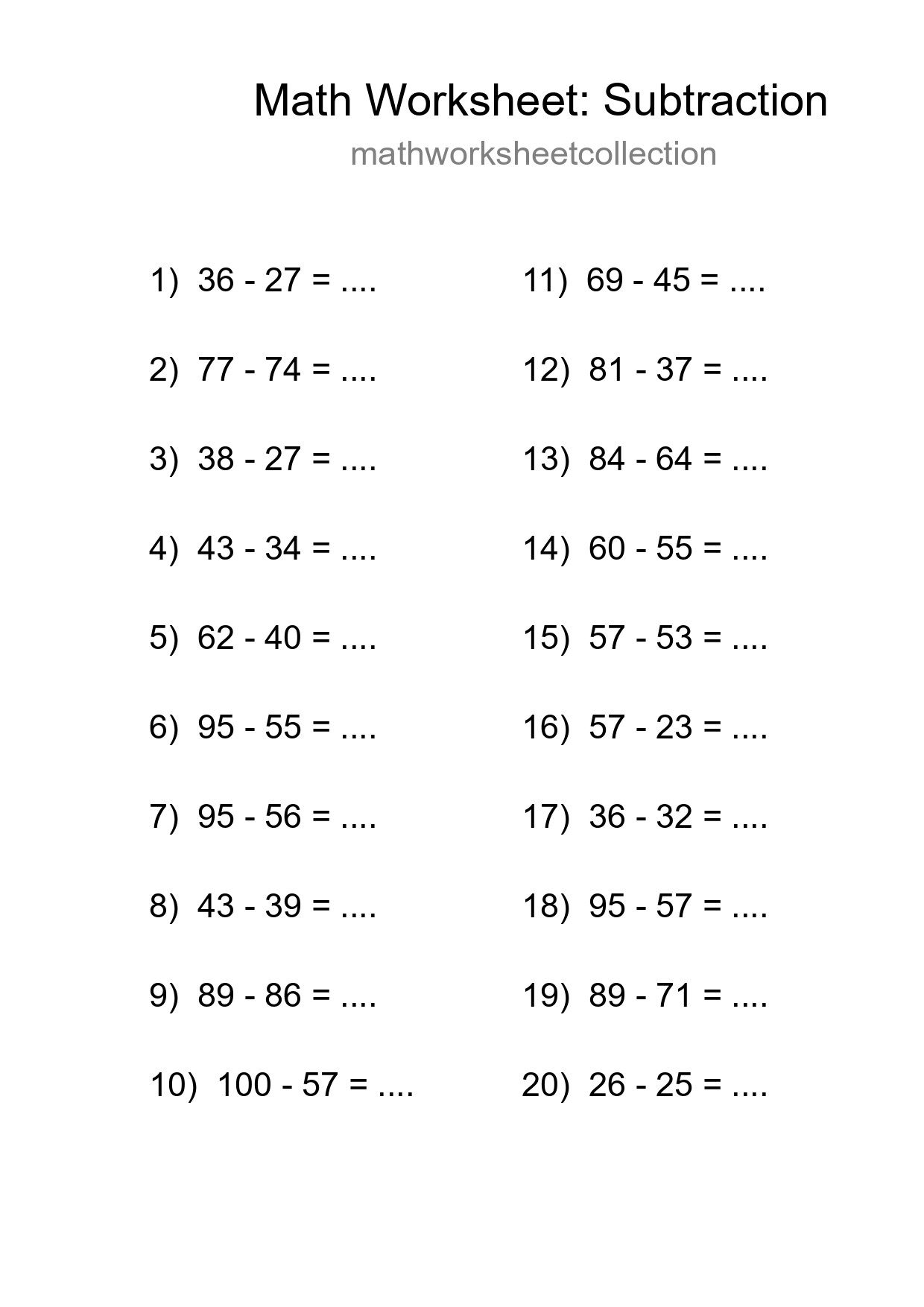 Free 20 Subtraction Math Worksheet For Grade 3 With Answers - Part 98