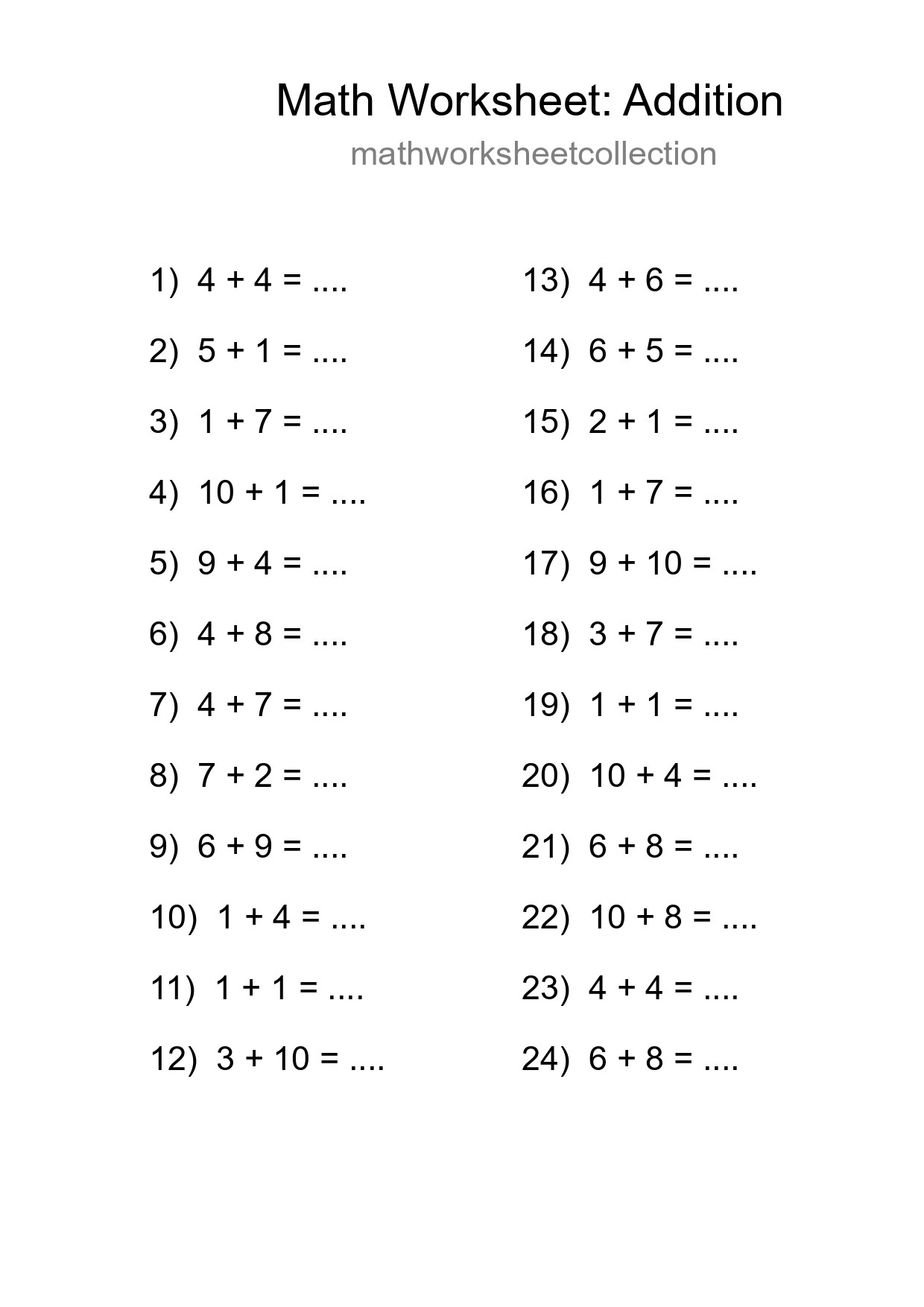 Free 24 Addition Math Worksheet For Grade 1 With Answers - Part 231