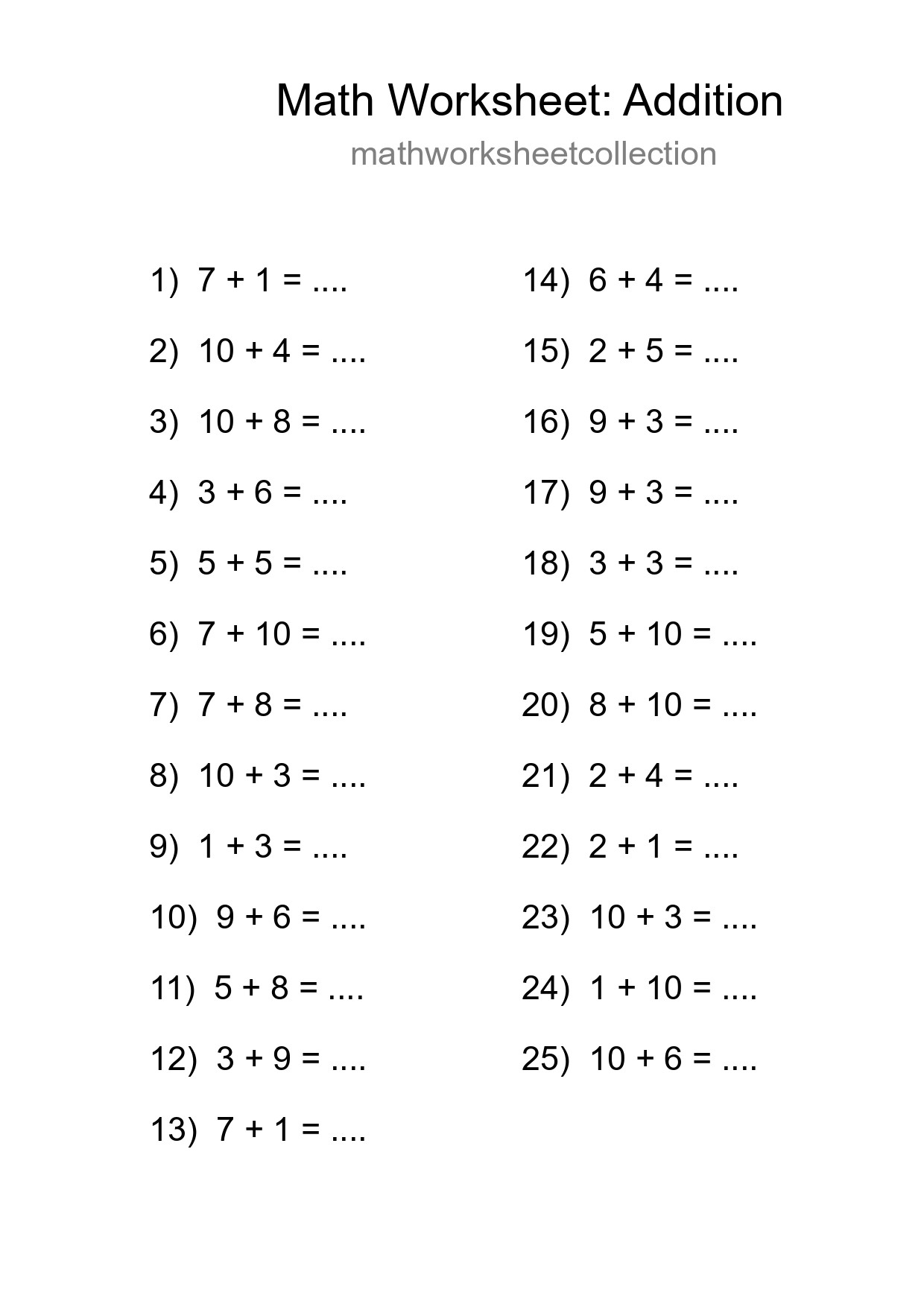 Free 25 Addition Math Worksheet For Grade 1 - Part 141