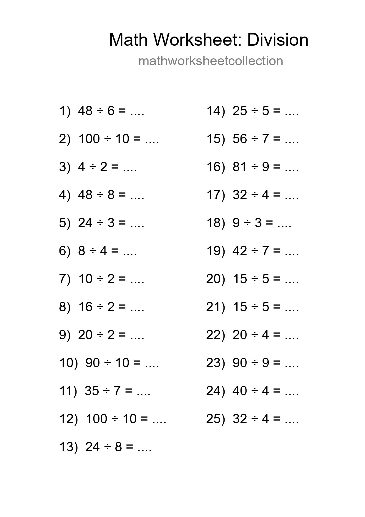 Free 25 Division Math Worksheet For Grade 1 With Answers - Part 274