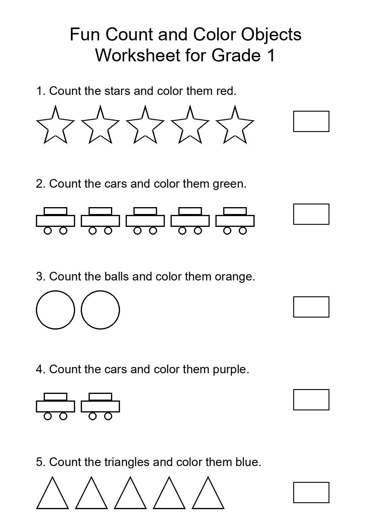 Fun Count and Color Objects Worksheet for Grade 1
