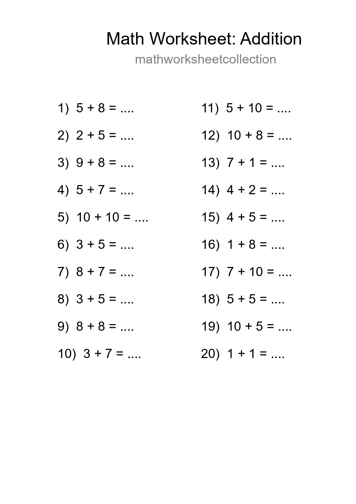 Grade 1 Addition Practice Worksheet (20 Problems) - Part 91