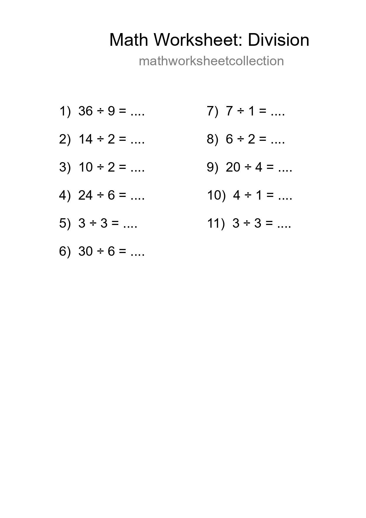 Grade 1 Division Practice Worksheet (11 Problems) - Part 124