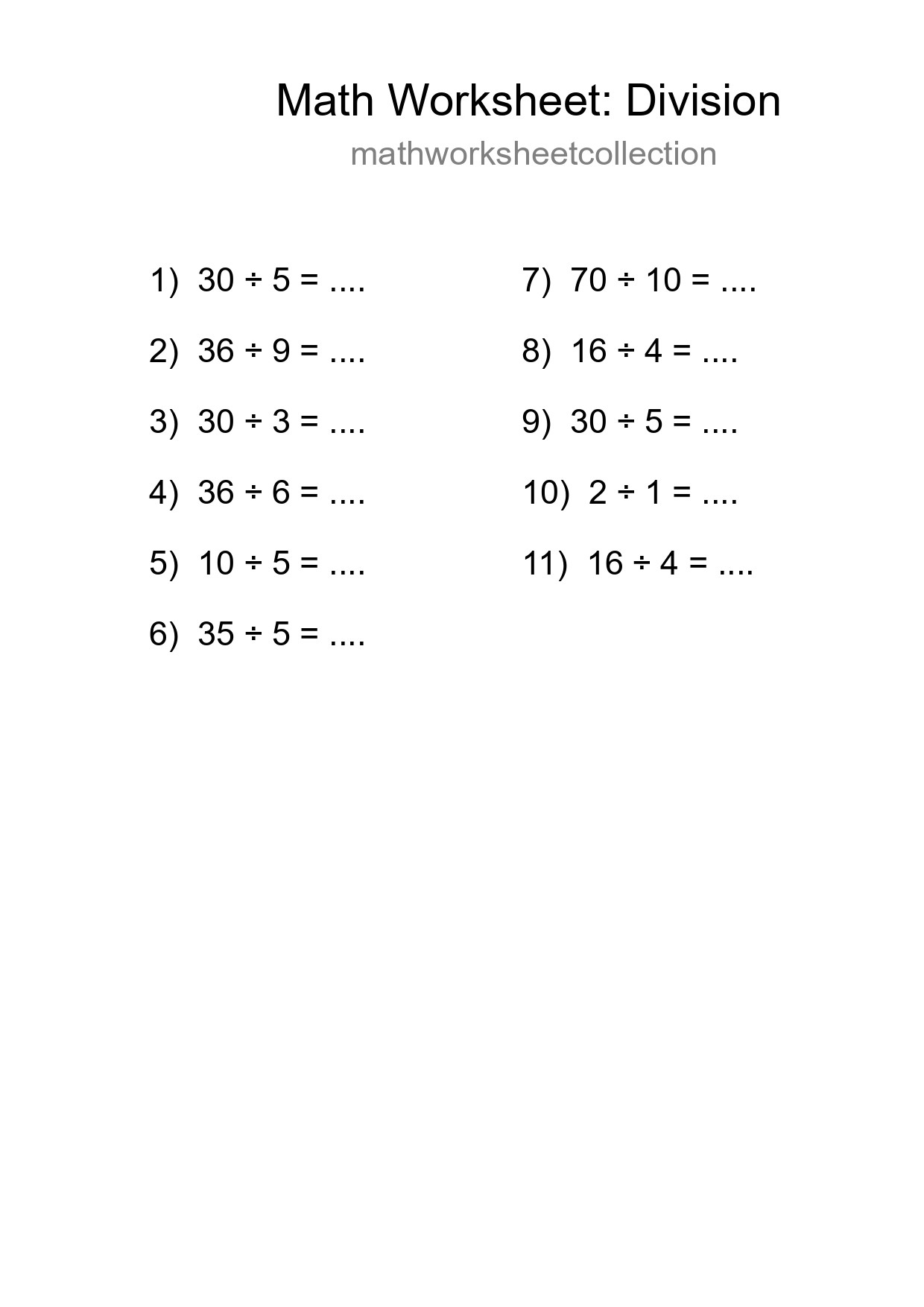 Grade 1 Division Practice Worksheet (11 Problems) - Part 264