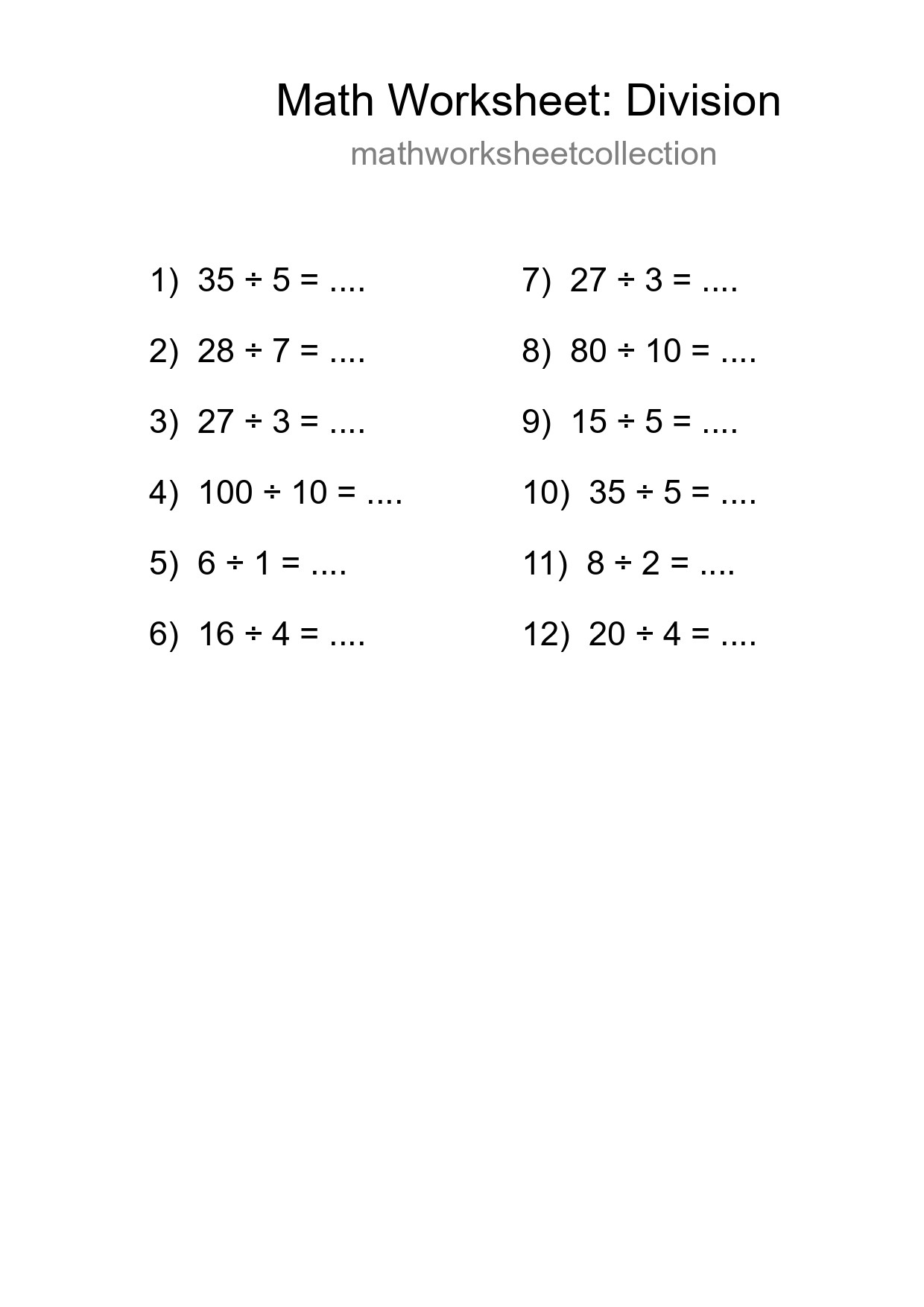 Grade 1 Division Practice Worksheet (12 Problems) - Part 294