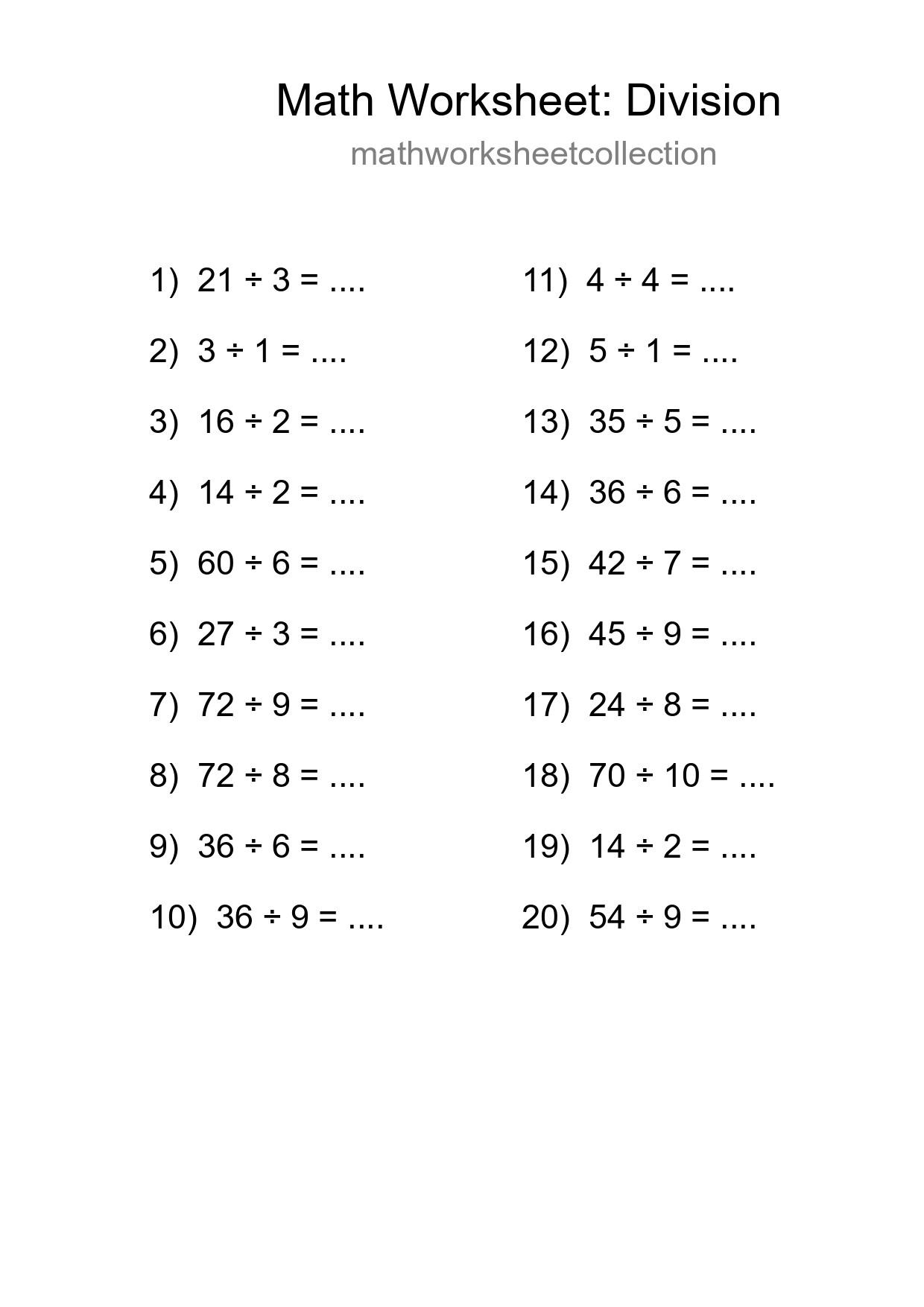 Grade 1 Division Practice Worksheet (20 Problems) - Part 254