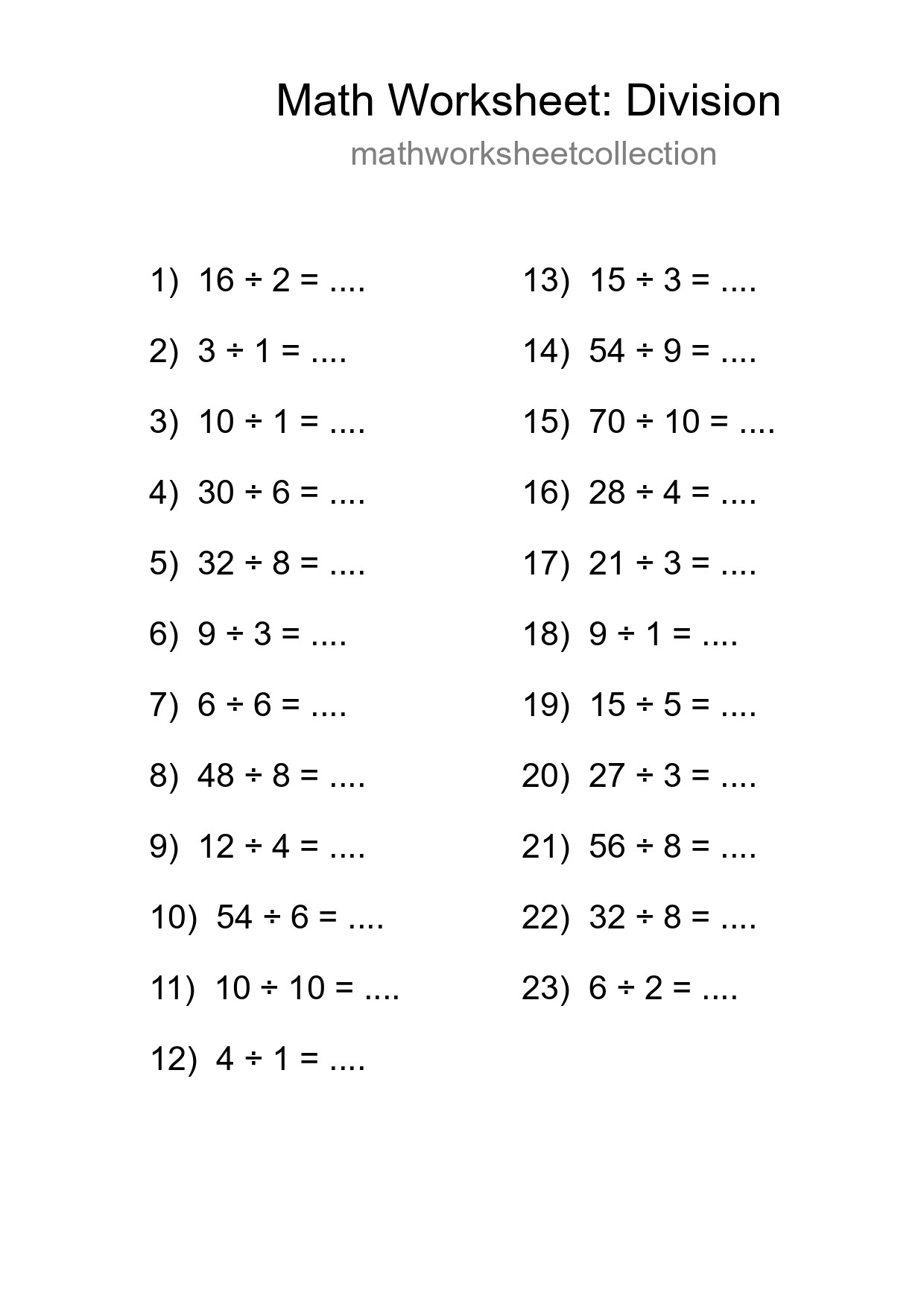 Grade 1 Division Practice Worksheet (23 Problems) - Part 204