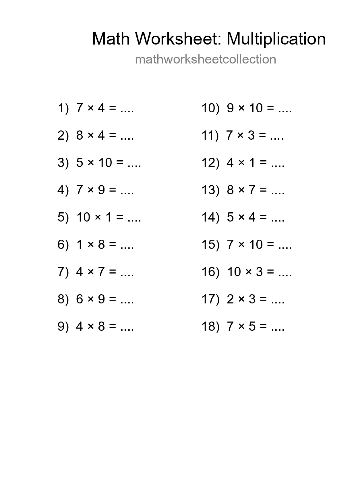 Grade 1 Multiplication Practice Worksheet (18 Problems) - Part 47