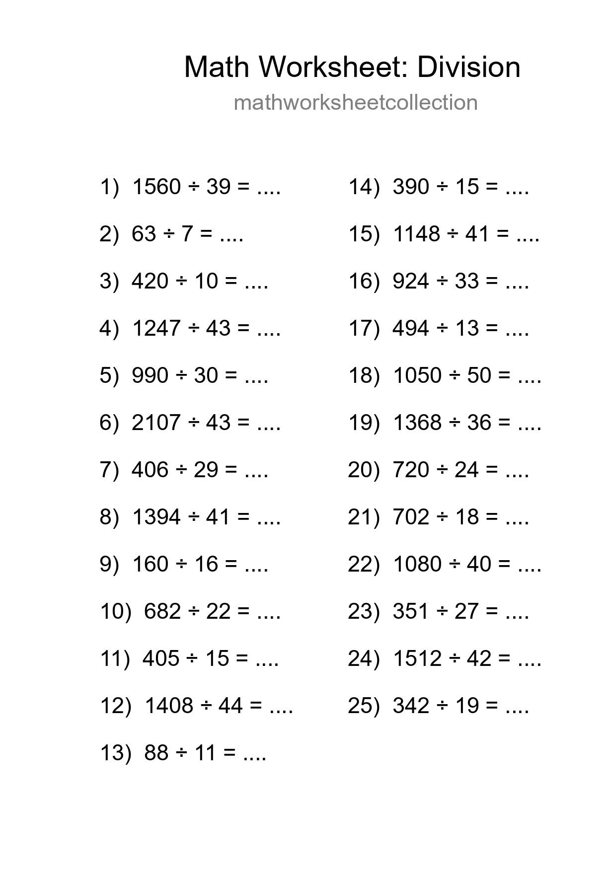 Grade 2 Division Practice Worksheet (25 Problems) - Part 4