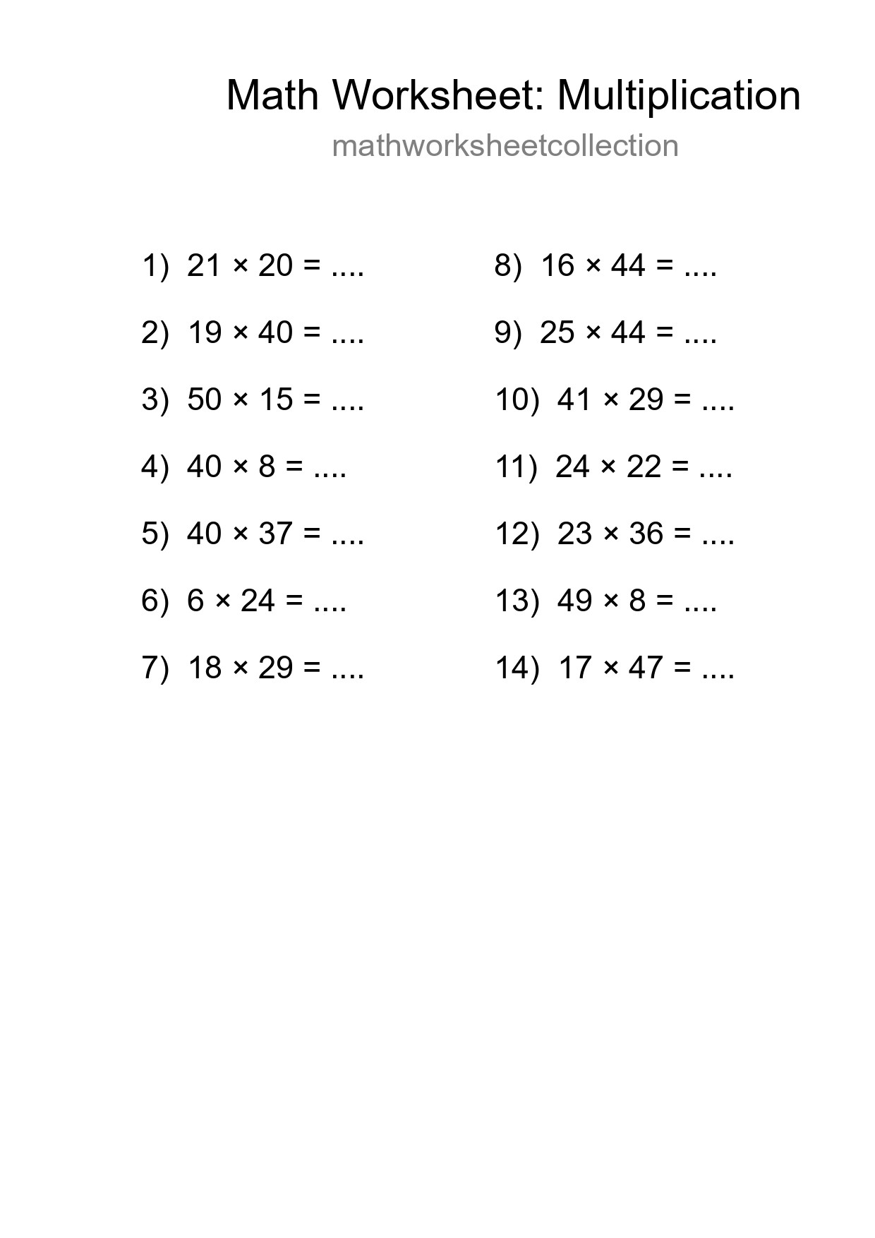 Grade 2 Multiplication Practice Worksheet (14 Problems) - Part 207