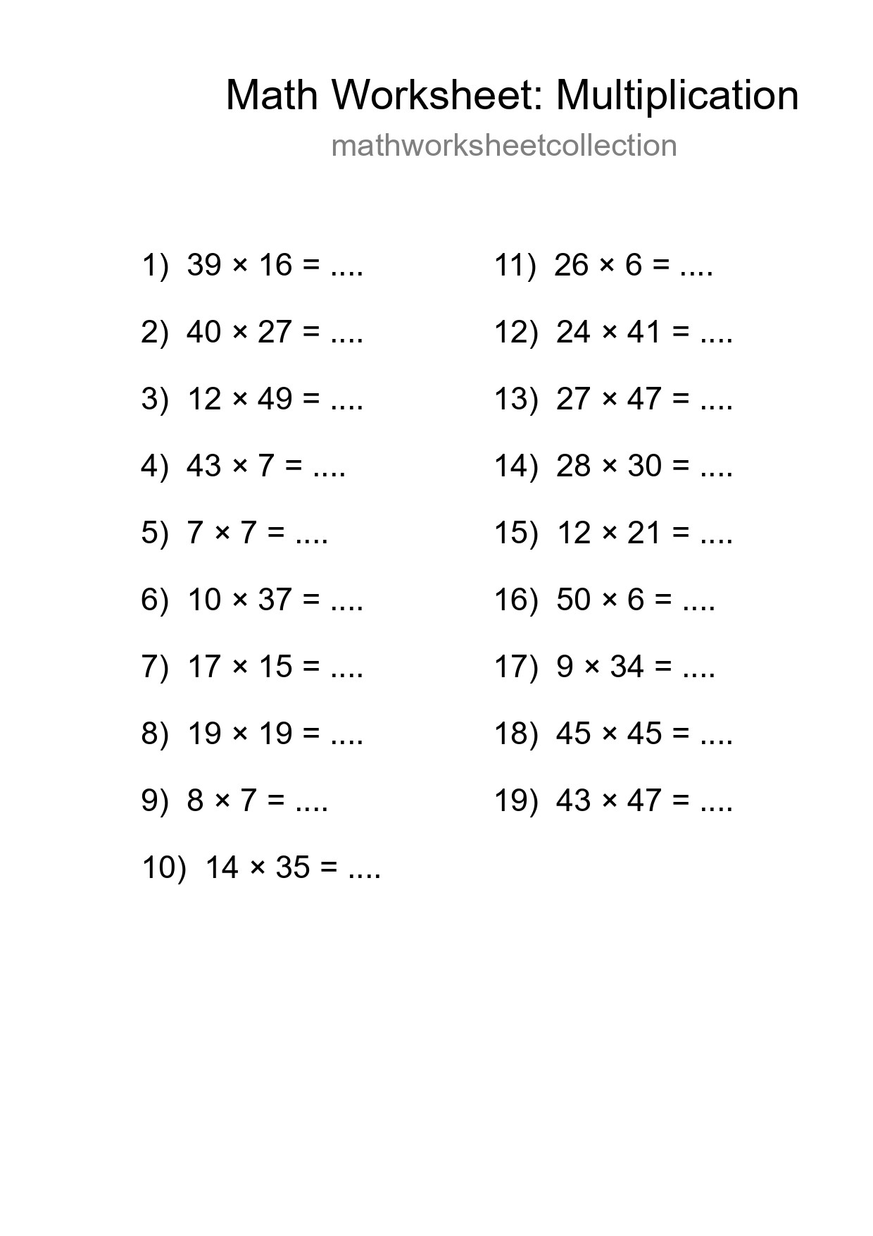Grade 2 Multiplication Practice Worksheet (19 Problems) - Part 177