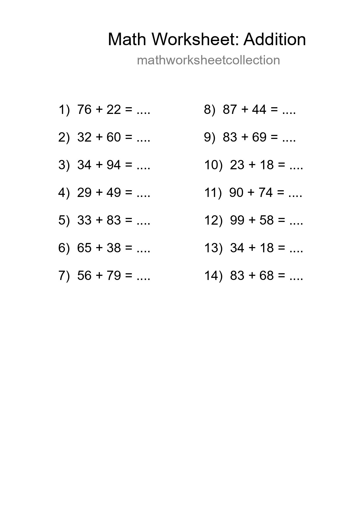 Grade 3 Addition Practice Worksheet (14 Problems) - Part 161