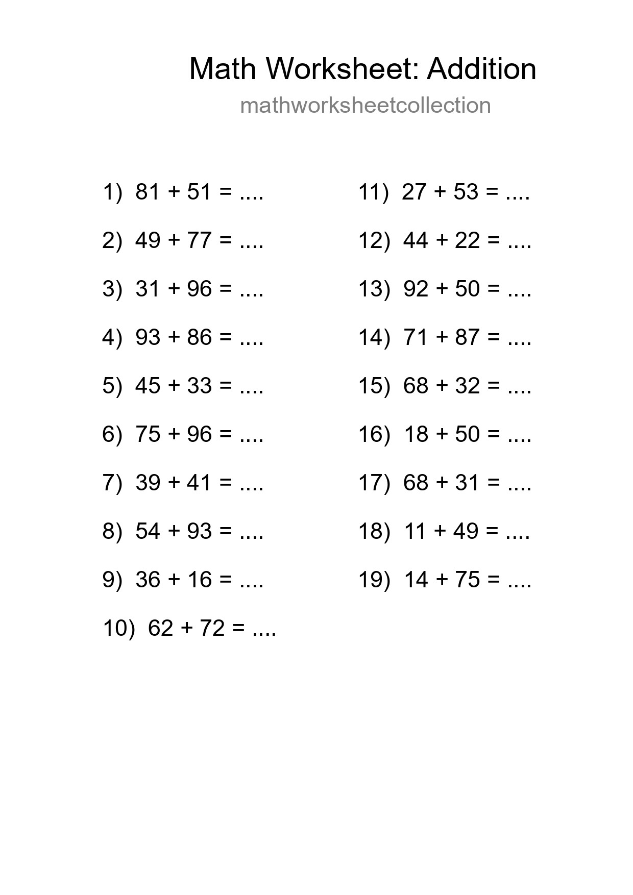 Grade 3 Addition Practice Worksheet (19 Problems) - Part 191