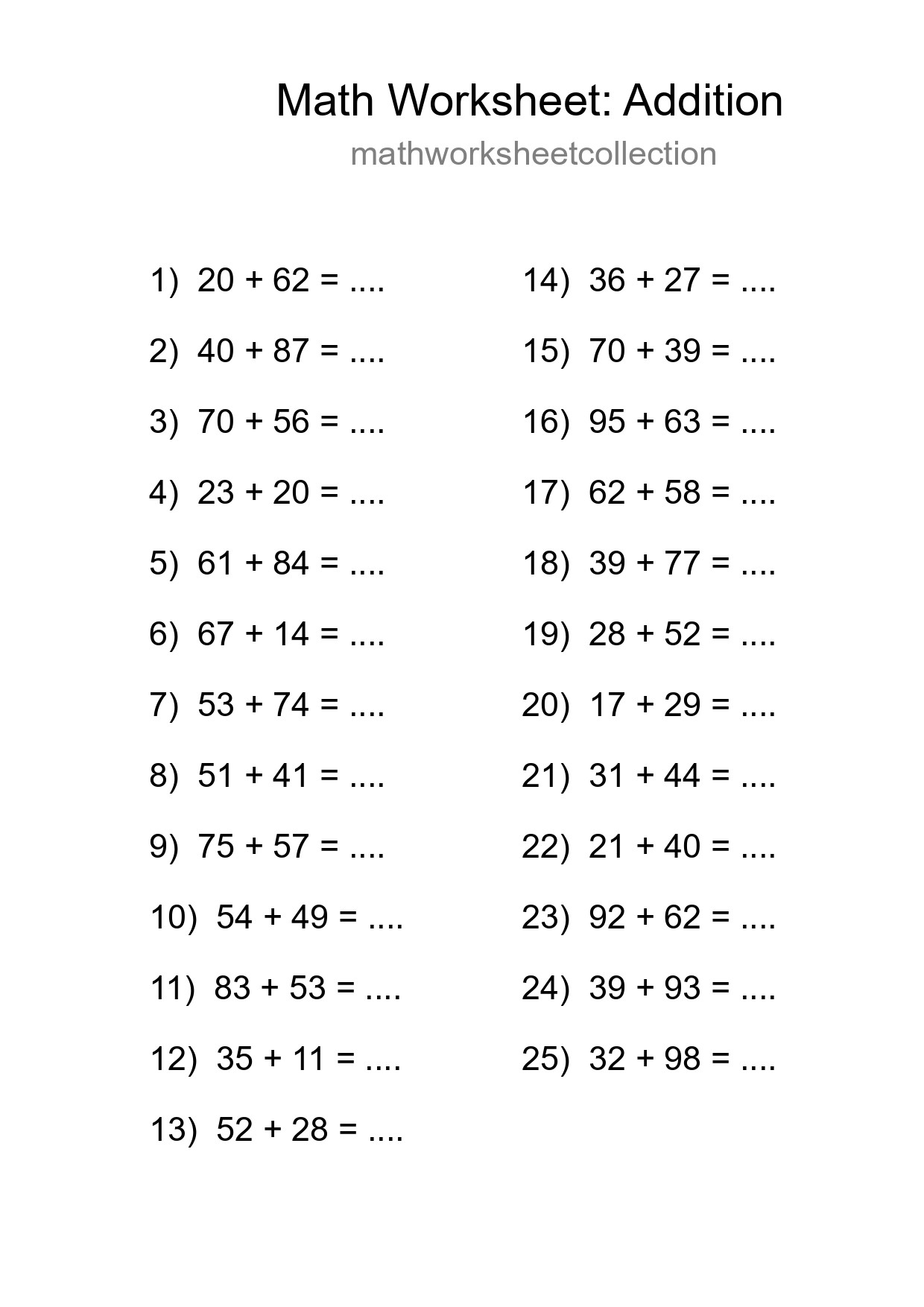 Grade 3 Addition Practice Worksheet (25 Problems) - Part 11