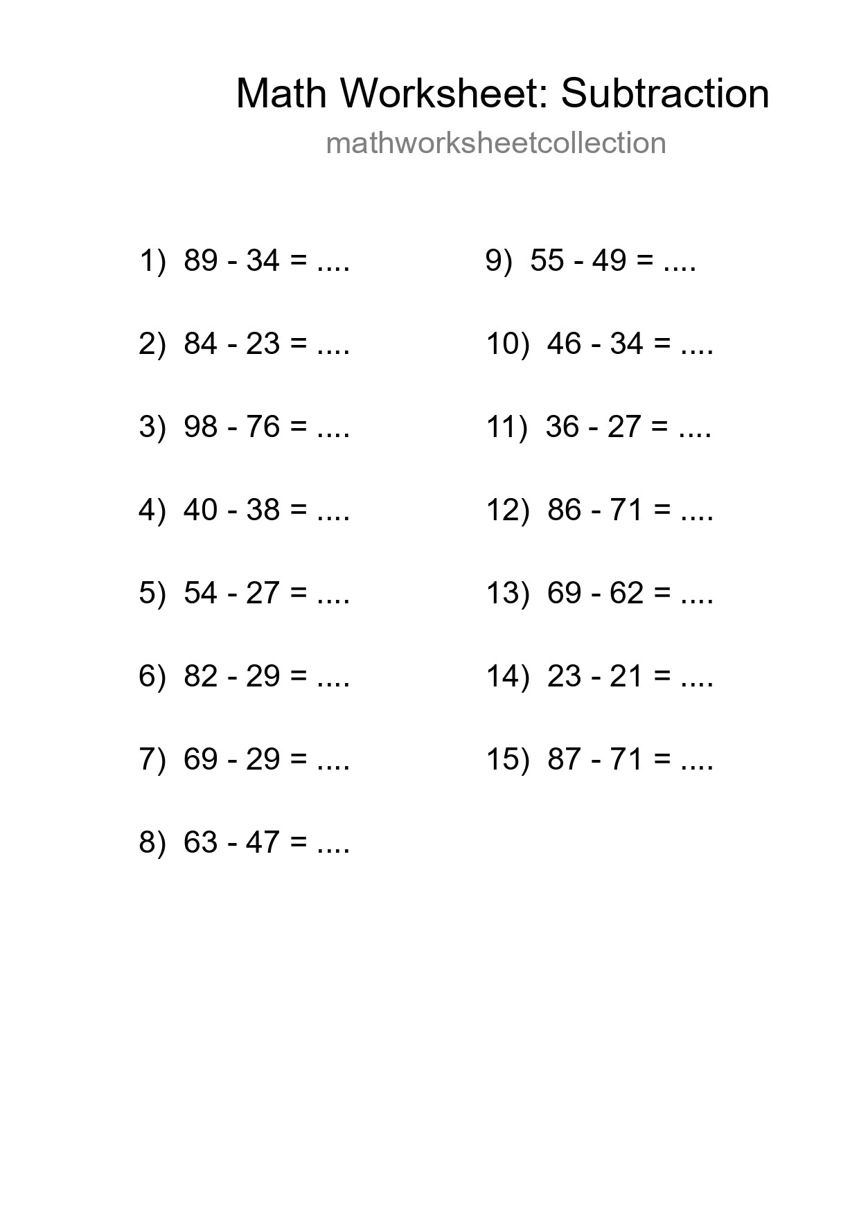 Grade 3 Subtraction Practice Worksheet (15 Problems) - Part 118