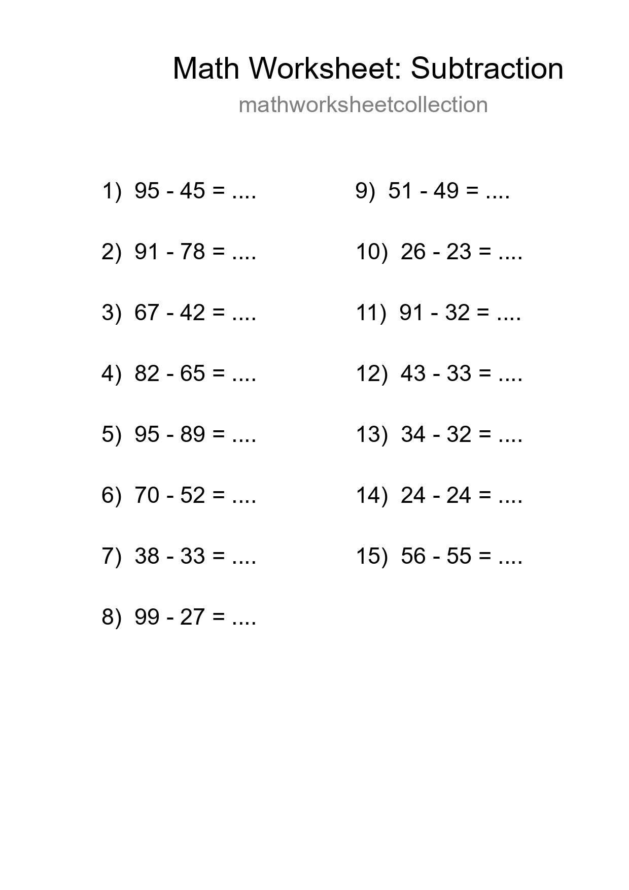 Grade 3 Subtraction Practice Worksheet (15 Problems) - Part 8