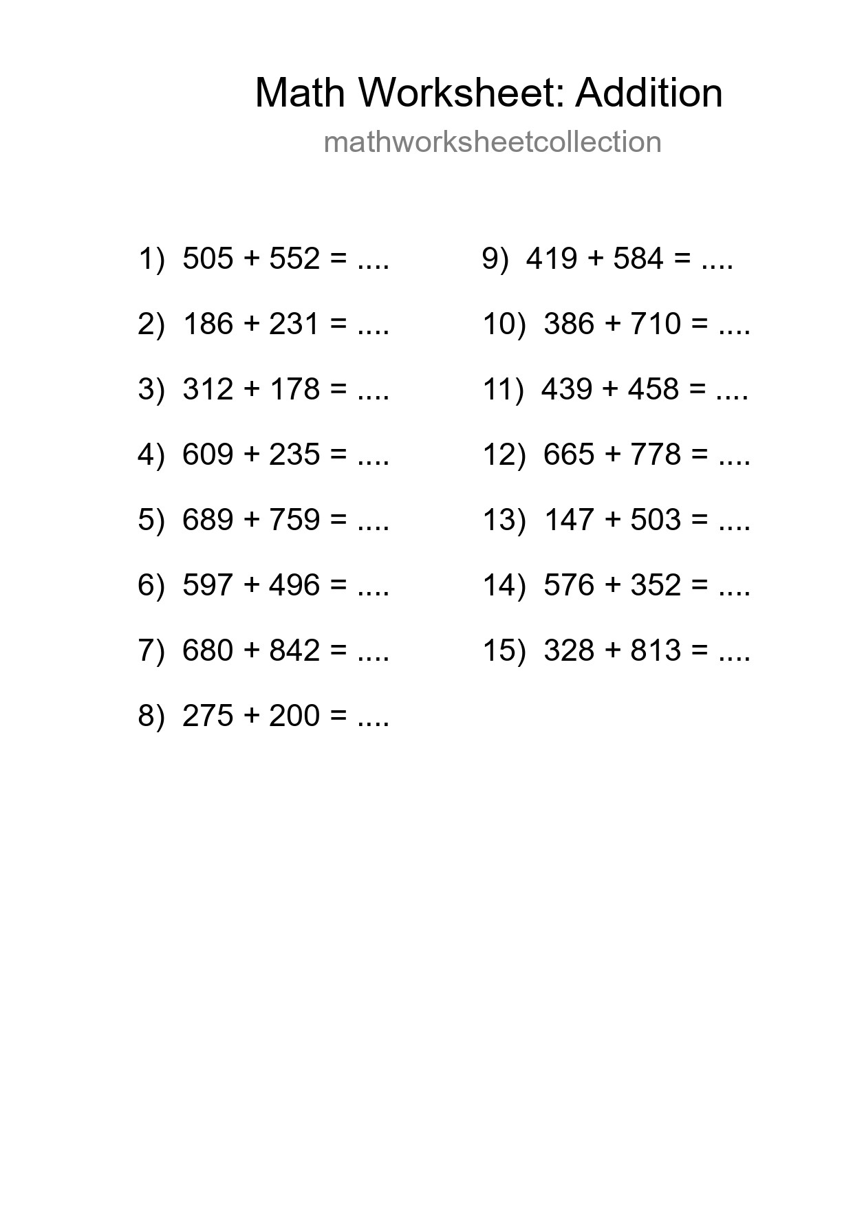 Grade 5 Addition Practice Worksheet (15 Problems) - Part 121