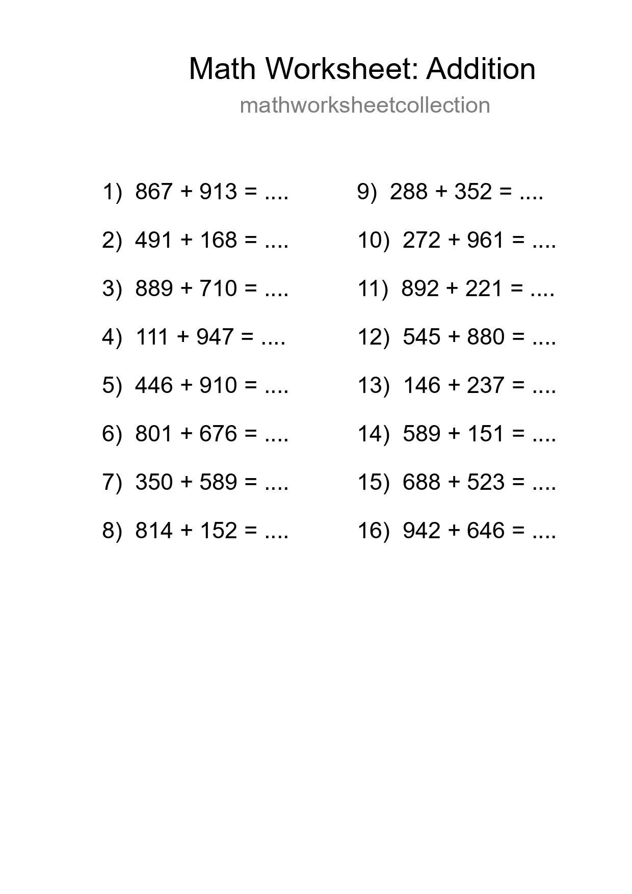 Grade 5 Addition Practice Worksheet (16 Problems)