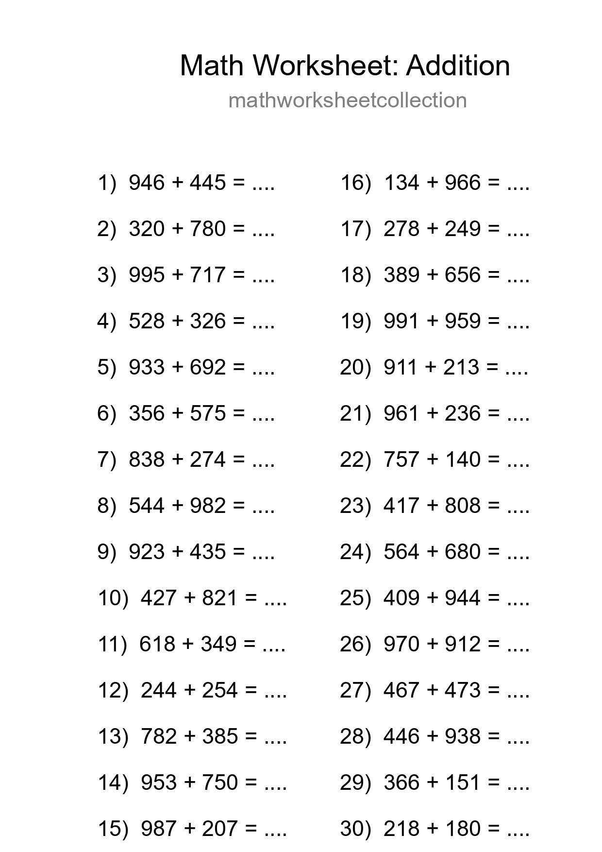Grade 5 Addition Practice Worksheet (30 Problems) - Part 201