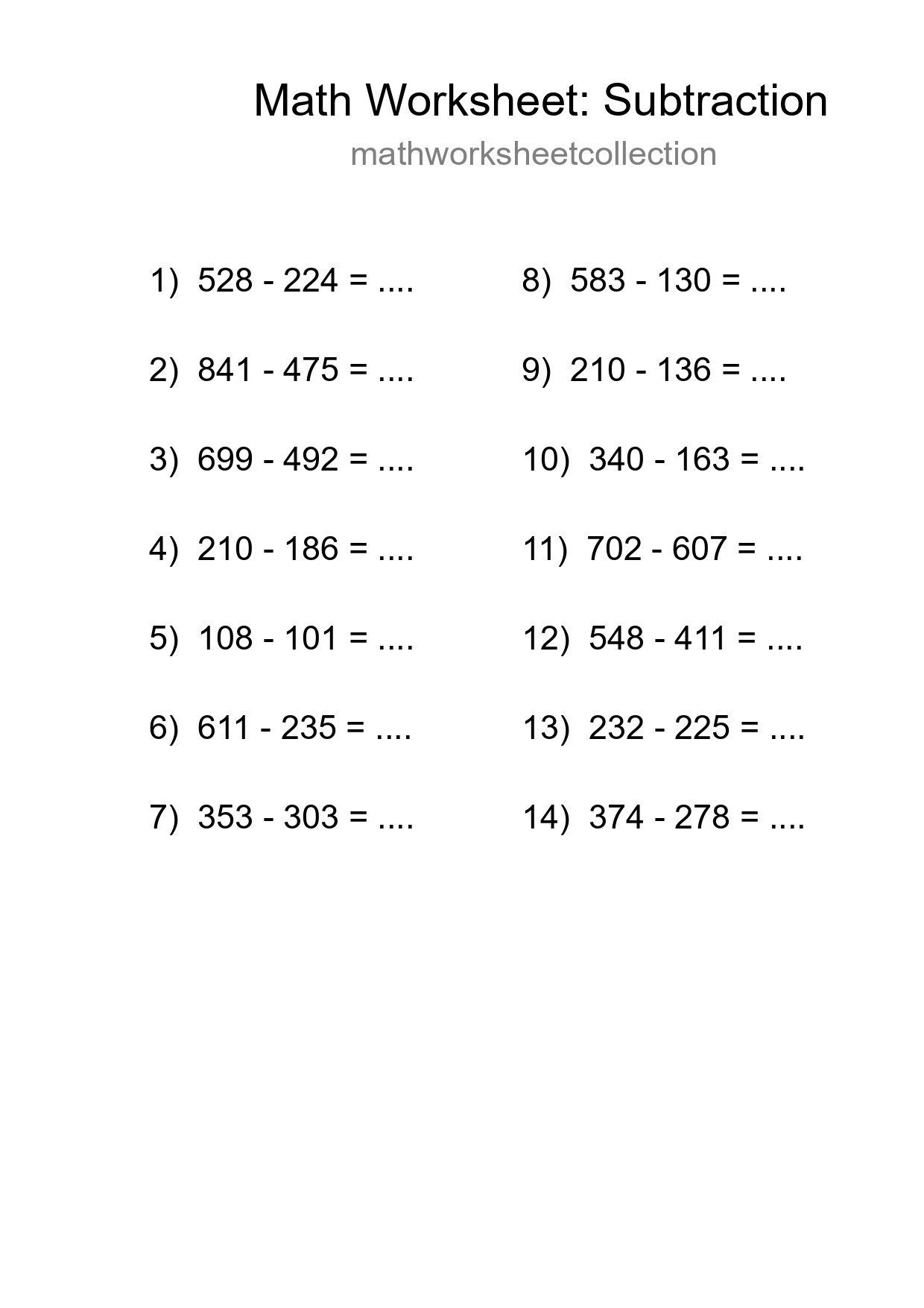 Grade 5 Subtraction Practice Worksheet (14 Problems) - Part 48