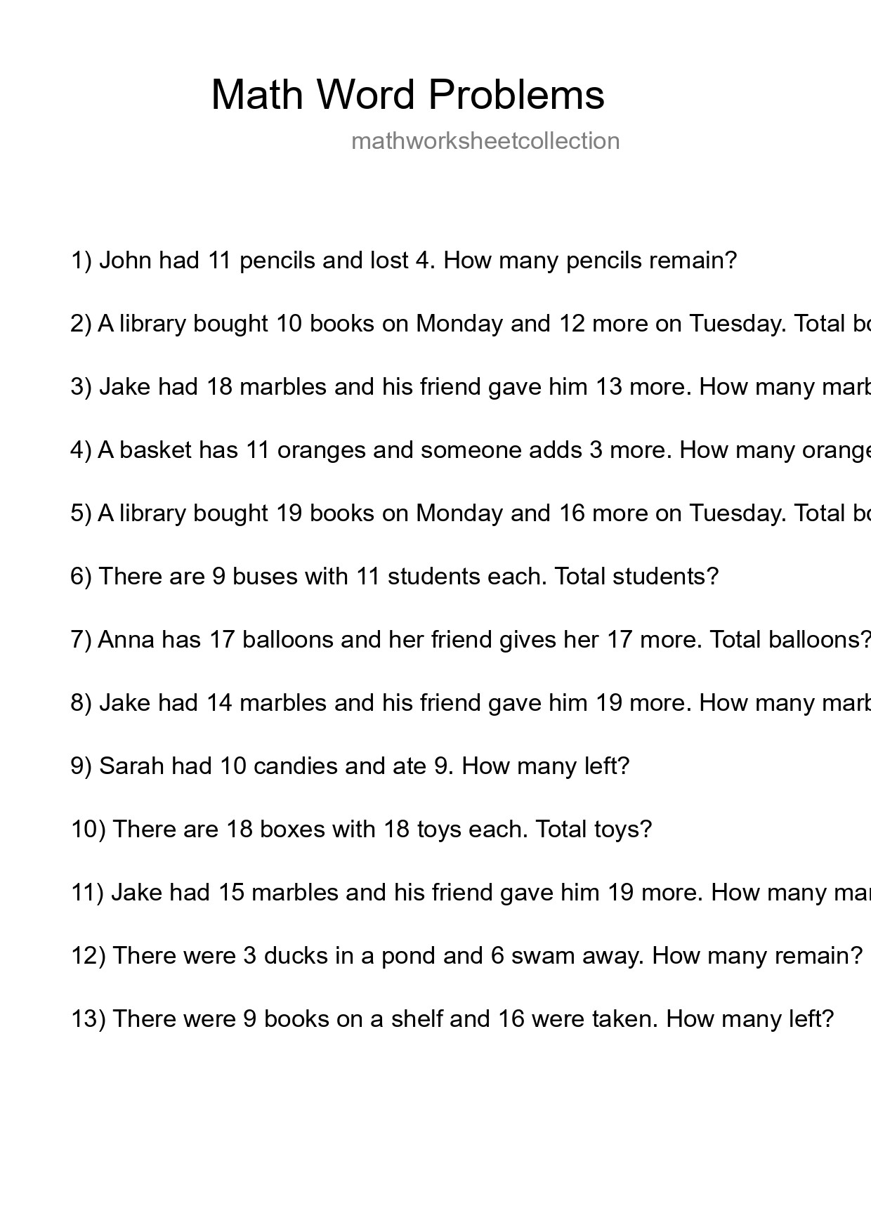 Math Word Problem Worksheet
