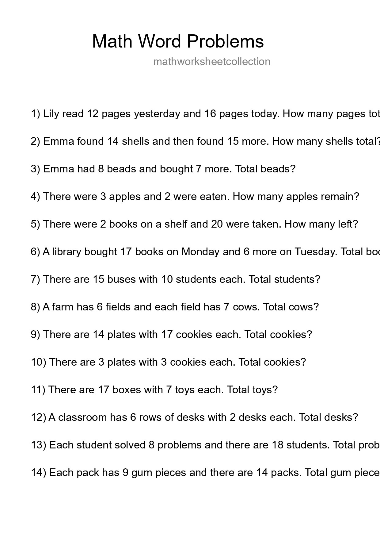 Math Word Problem Worksheet
