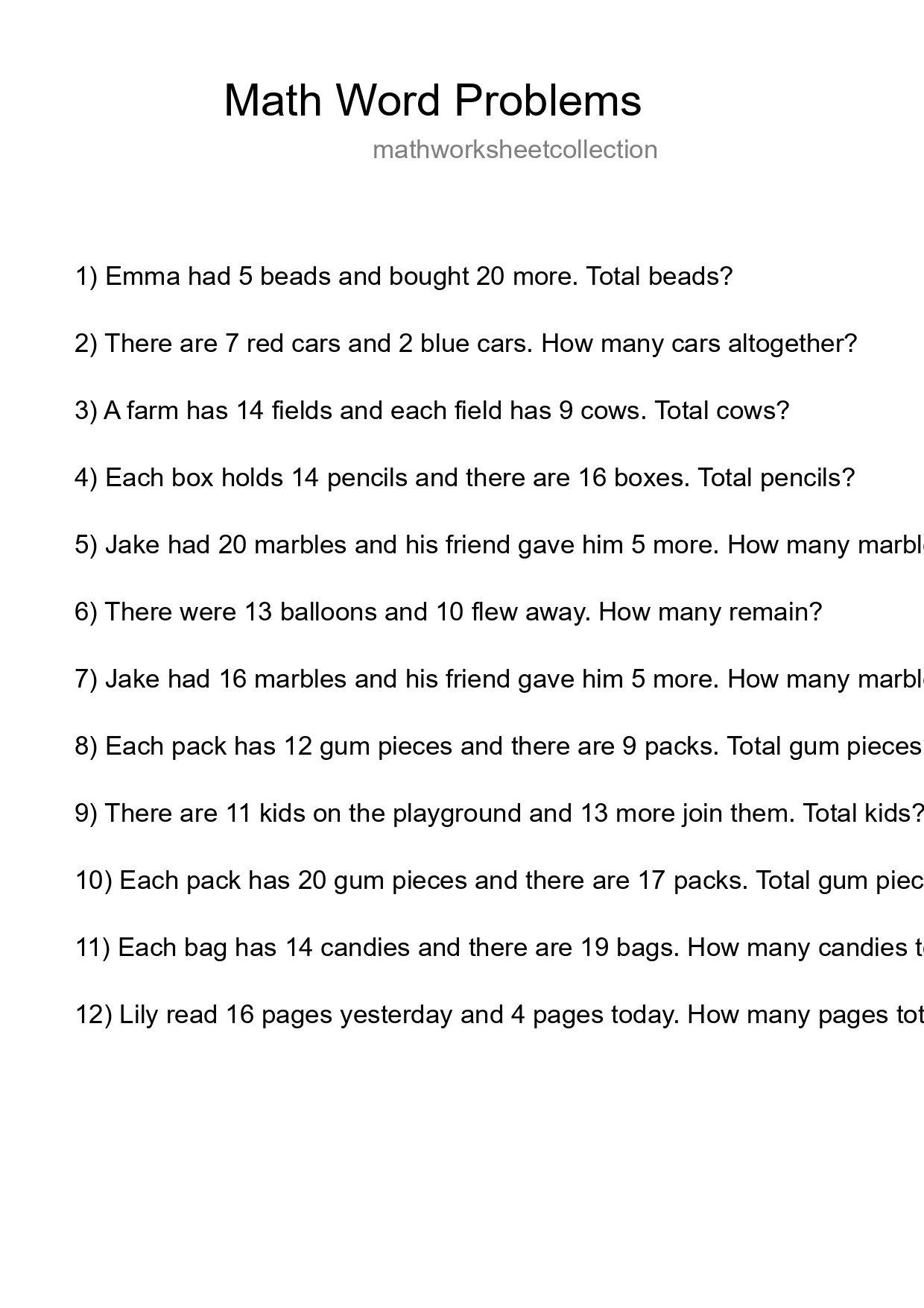 Math Word Problem Worksheet