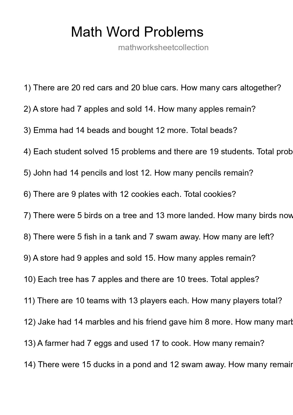 Math Word Problem Worksheet