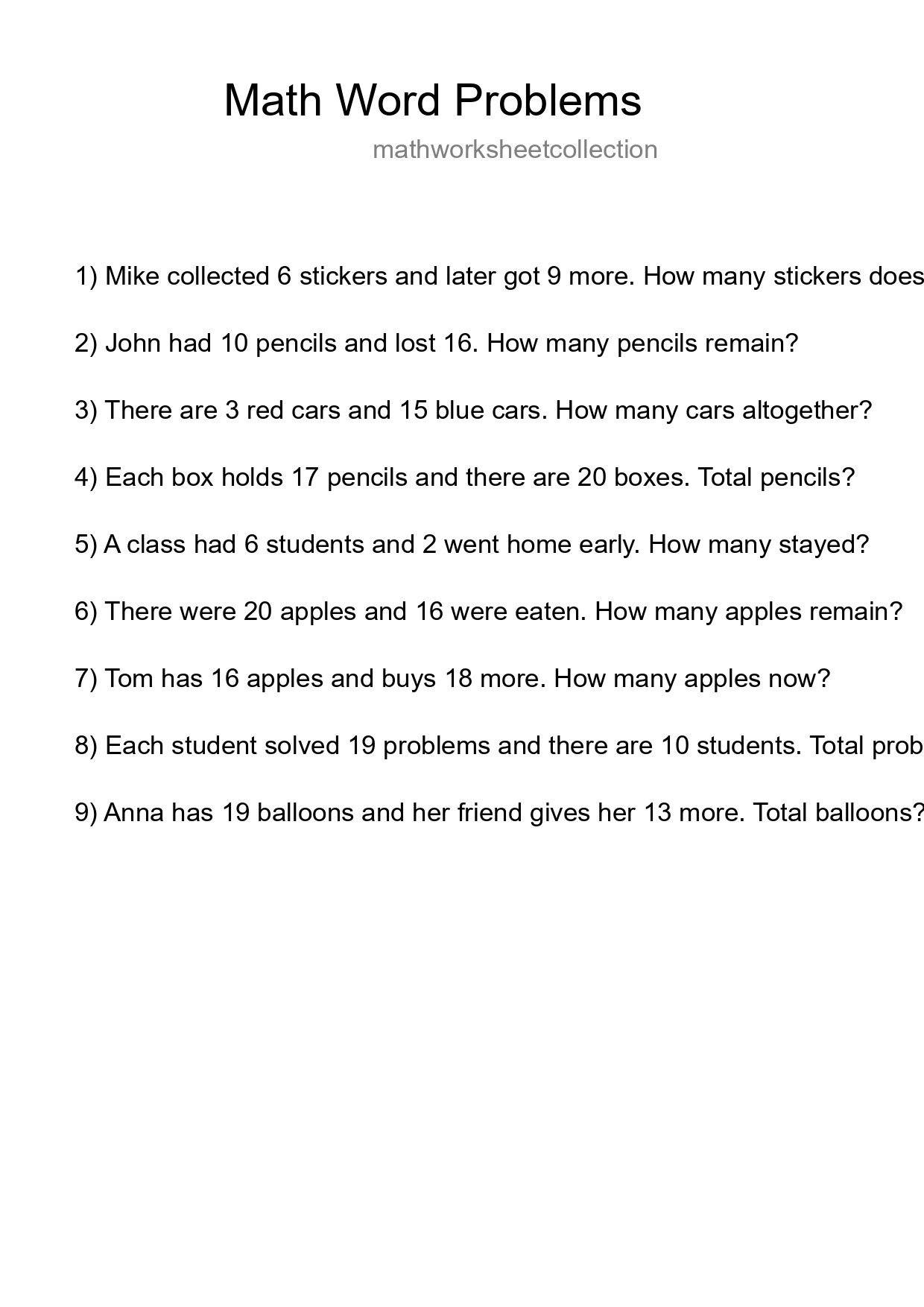 Math Word Problem Worksheet