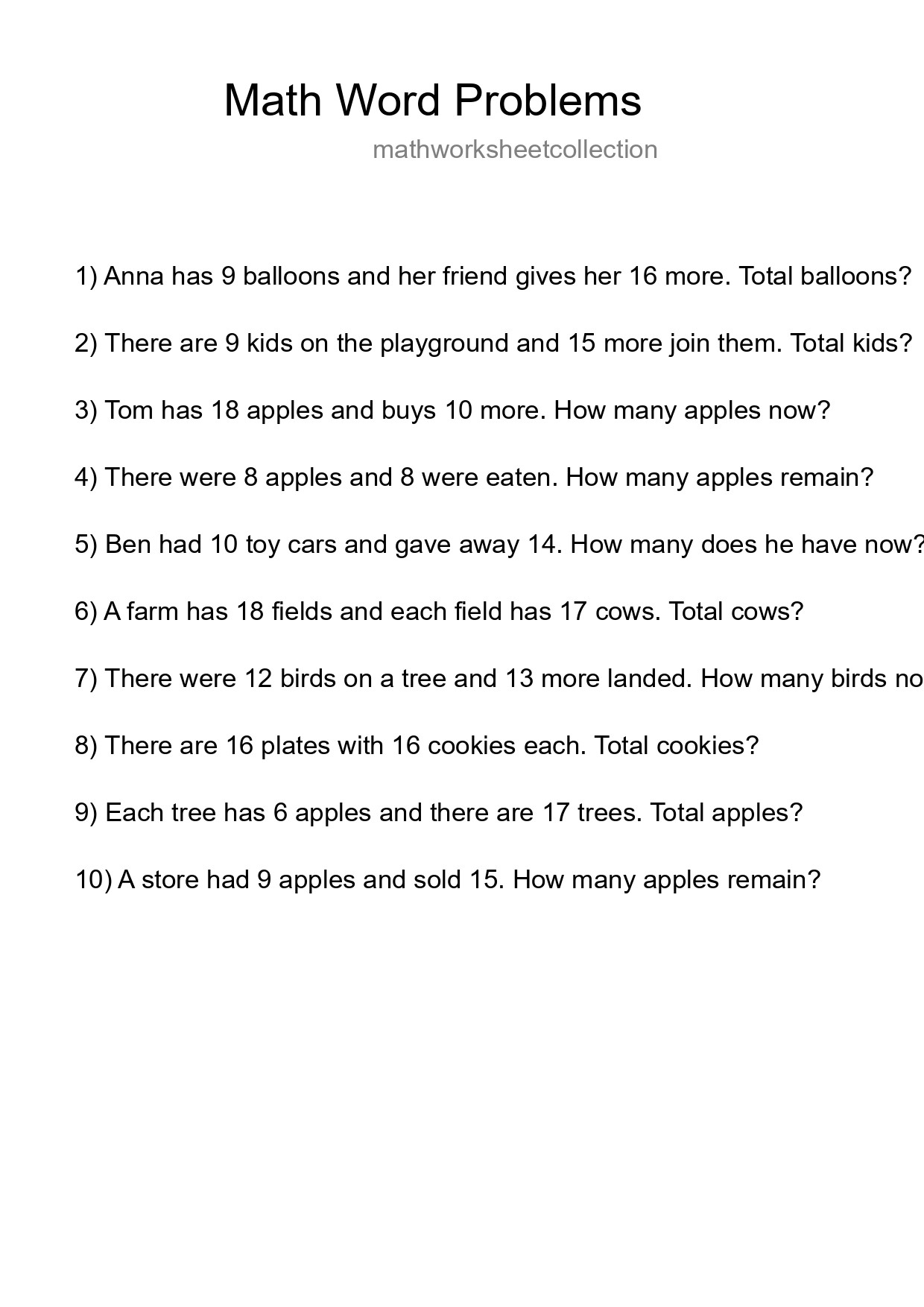 Math Word Problem Worksheet