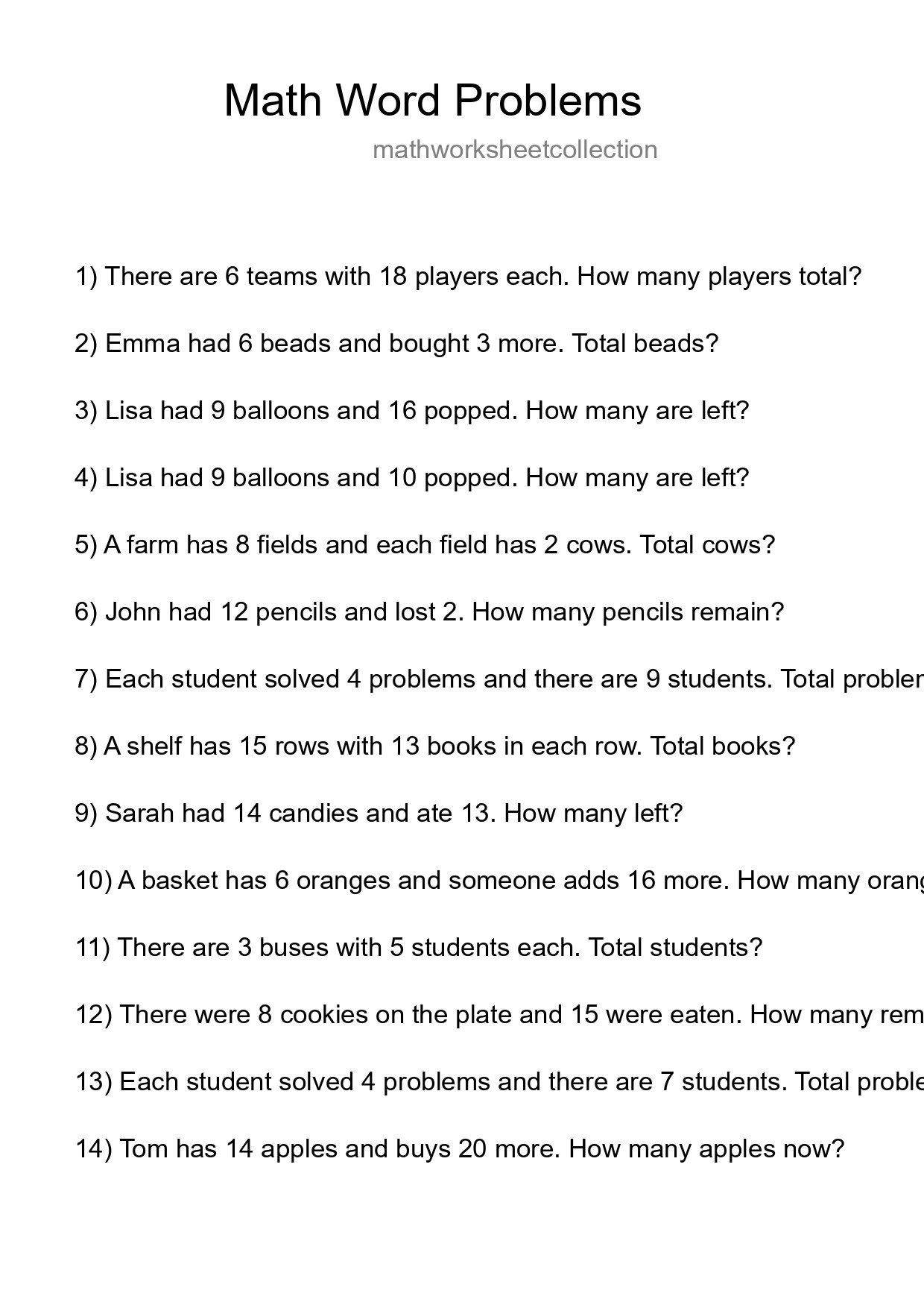 Math Word Problem Worksheet