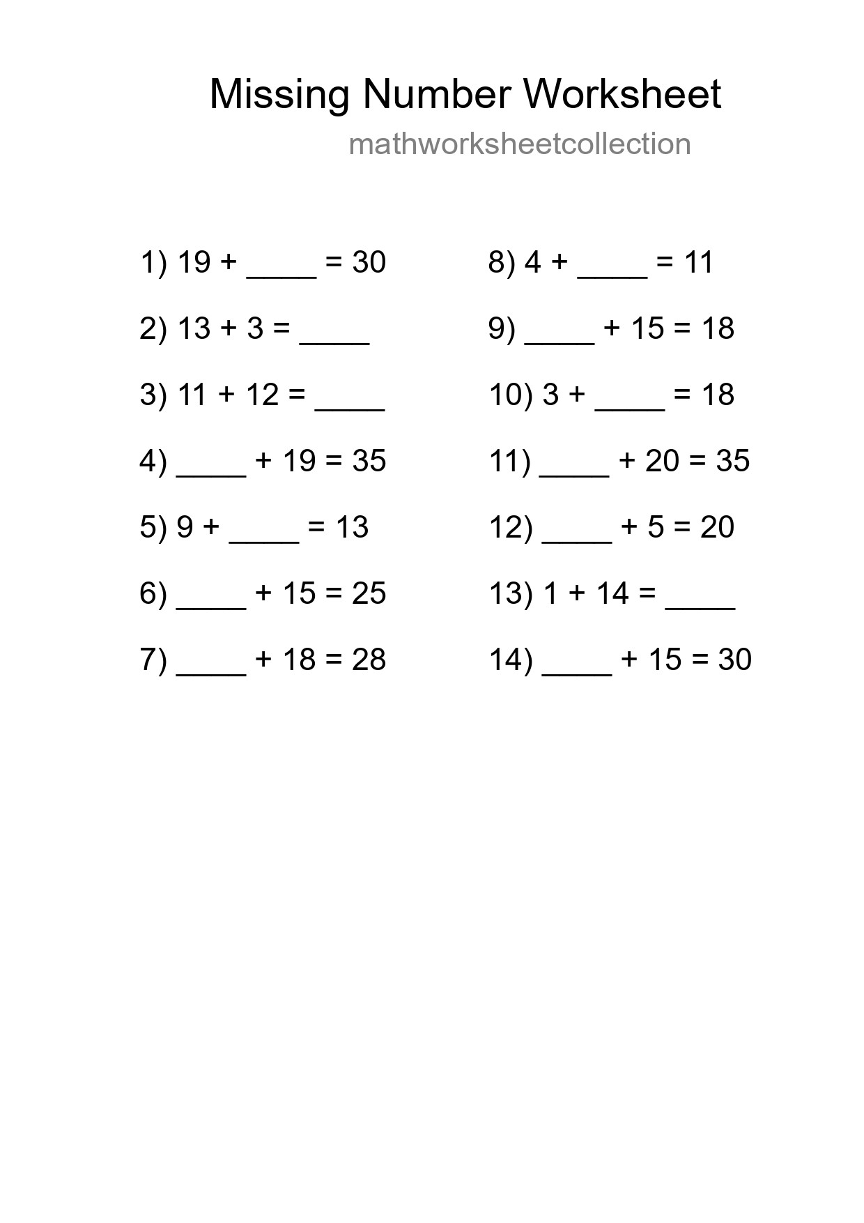 Missing Number Math Worksheet