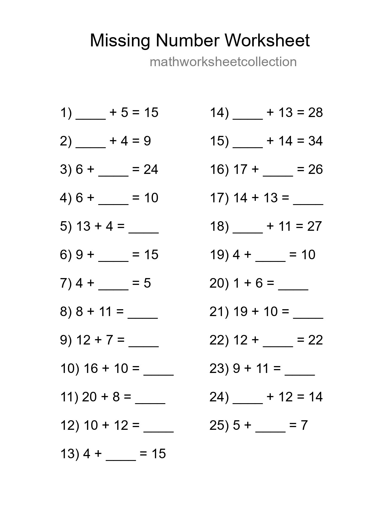 Missing Number Math Worksheet