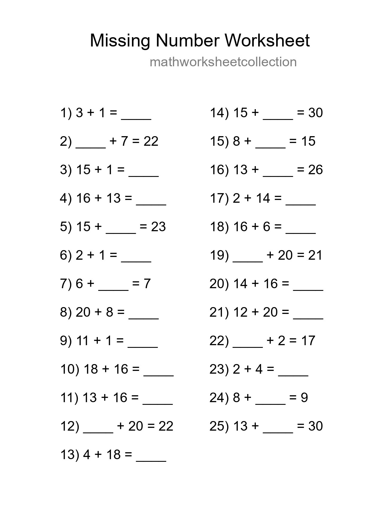 Missing Number Math Worksheet