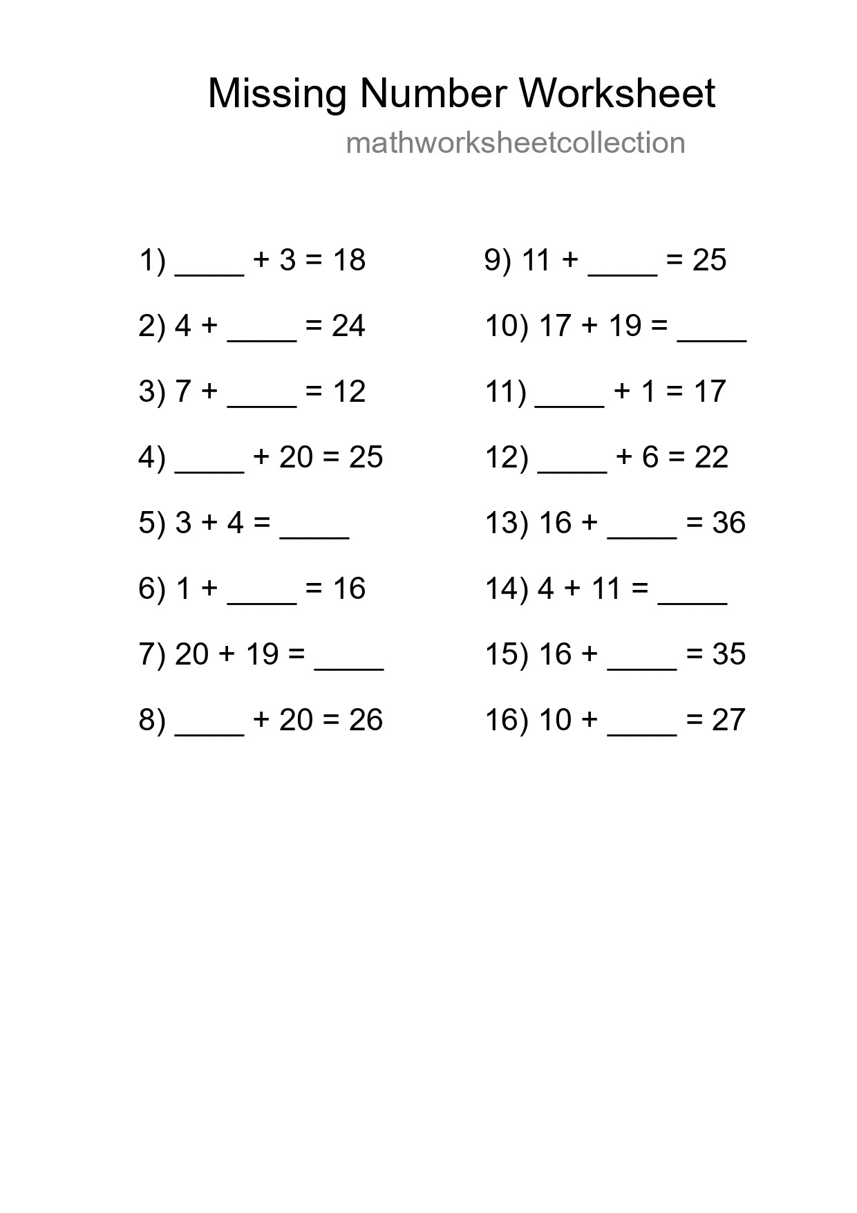 Missing Number Math Worksheet