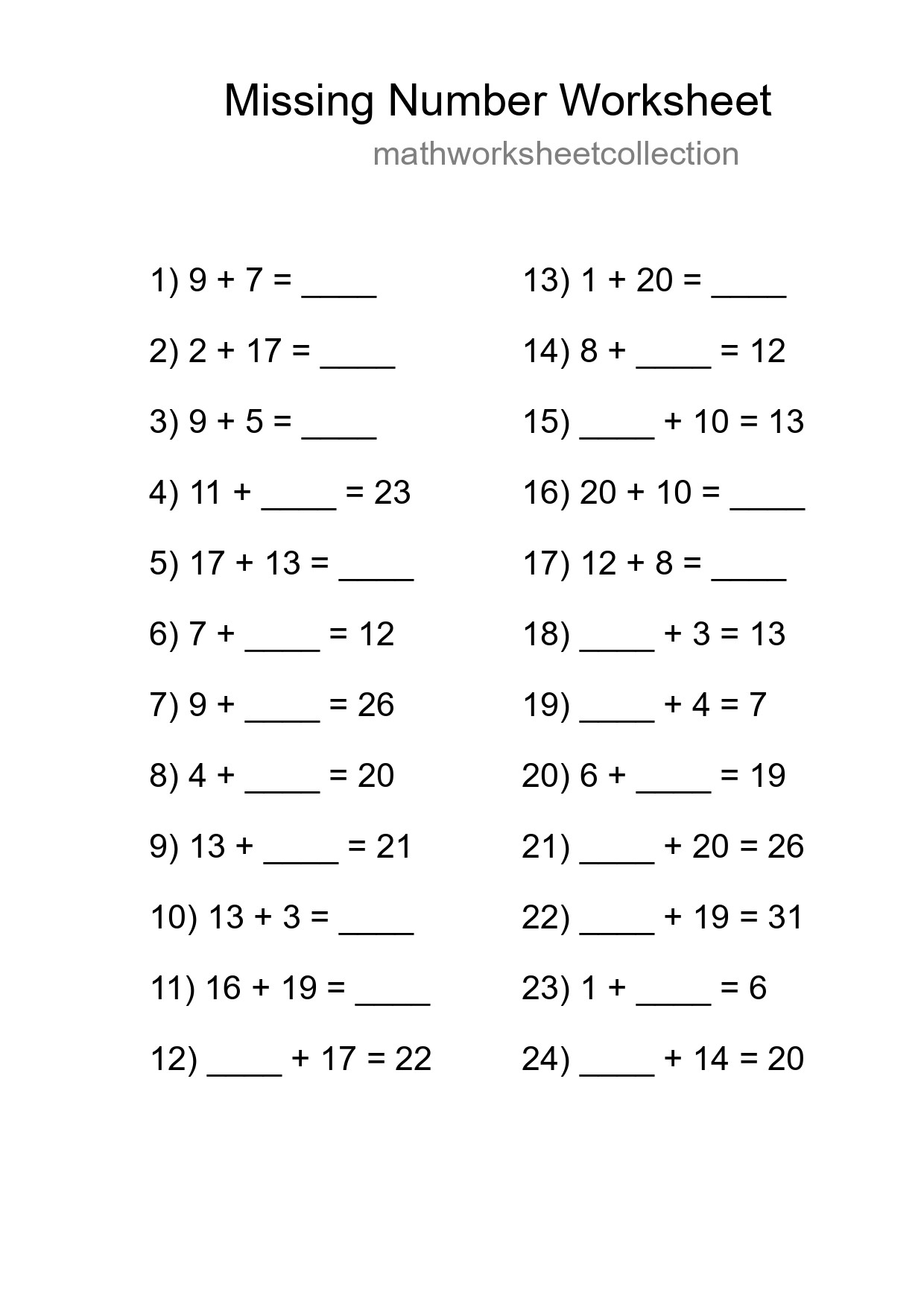 Missing Number Math Worksheet