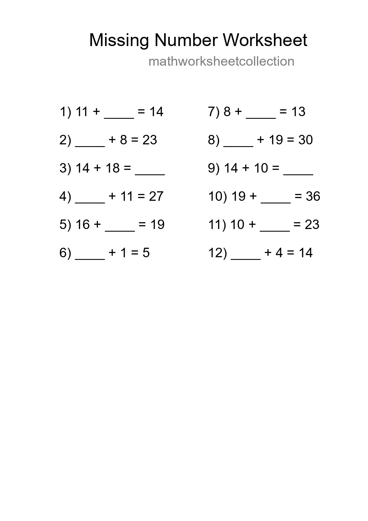 Missing Number Math Worksheet