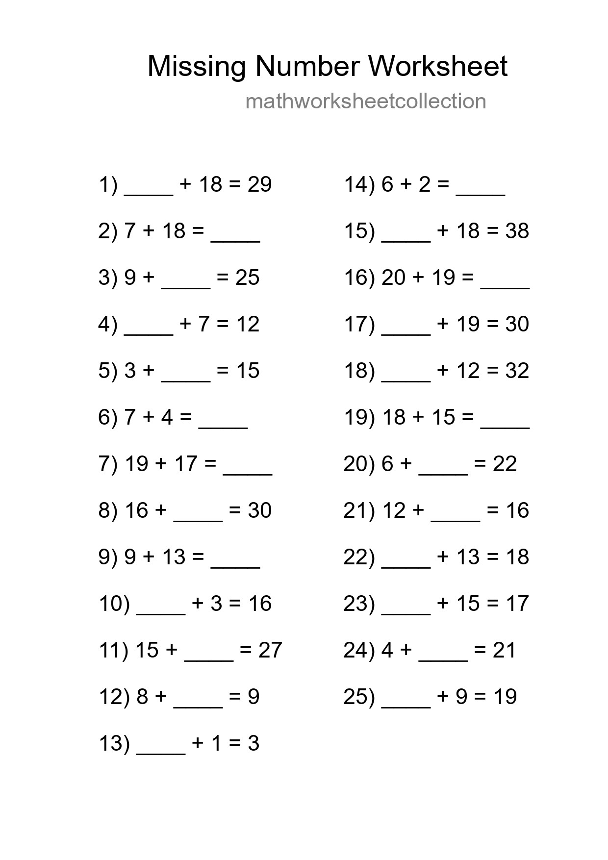 Missing Number Math Worksheet