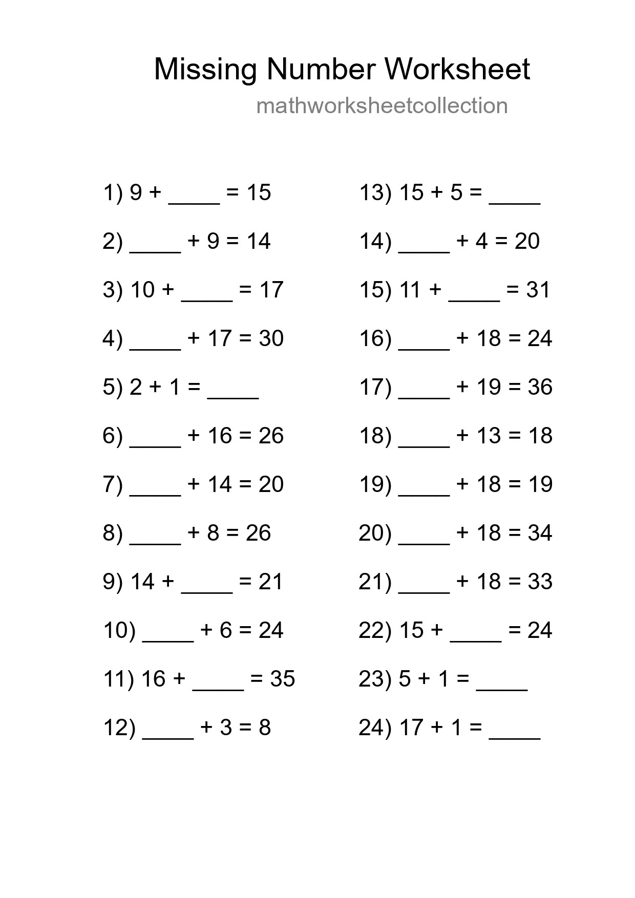Missing Number Math Worksheet